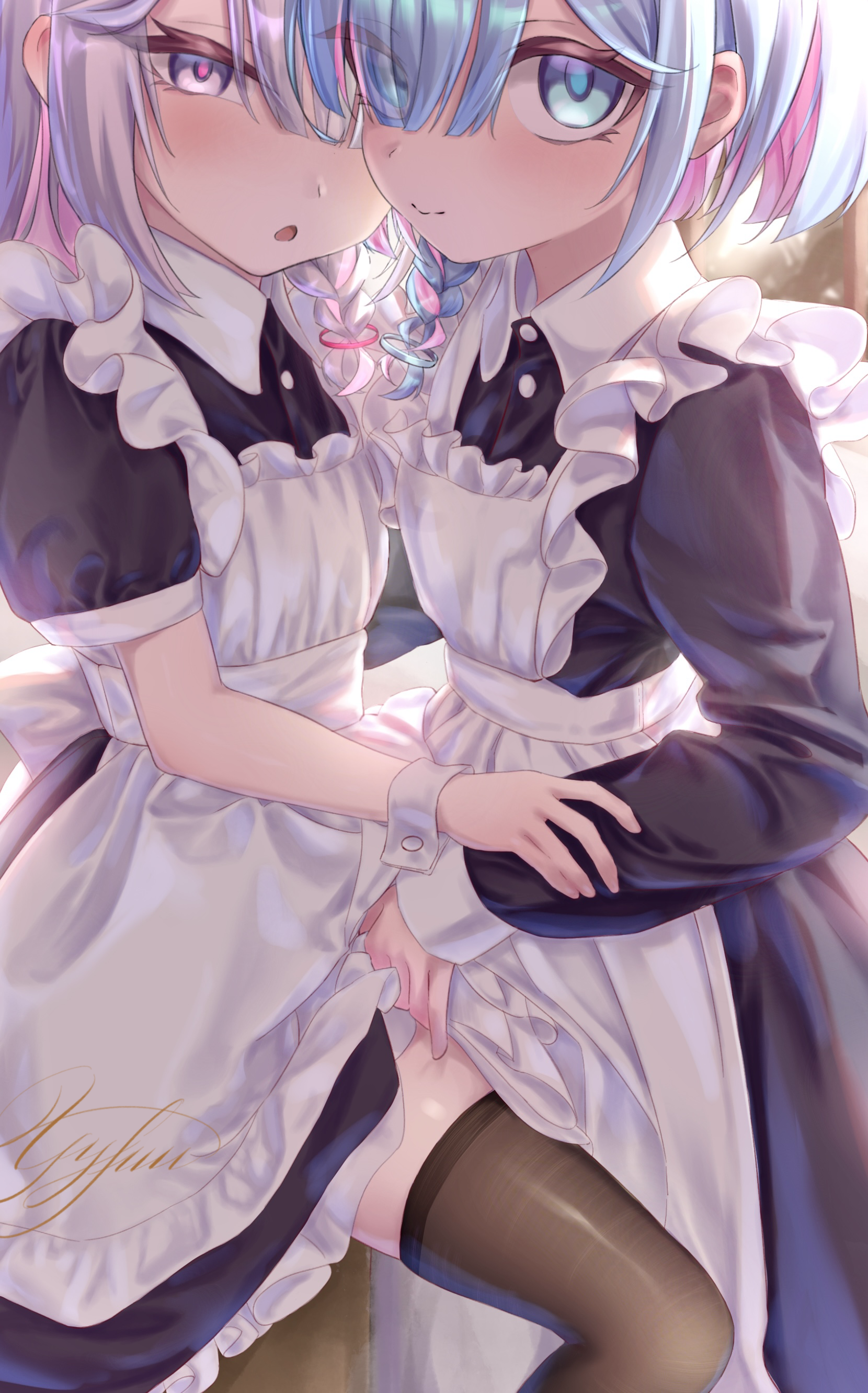 yyfuu, arona (blue archive), plana (blue archive), blue archive, absurdres, chinese commentary, commentary request, highres, 2girls, :o, alternate costume, apron, back bow, backlighting, black dress, black thighhighs, blue eyes, blue hair, blunt bangs, blush, bow, braid, closed mouth, clothes lift, colored inner hair, cowboy shot, dress, enmaided, eyelashes, eyes visible through hair, frilled apron, frilled dress, frills, grey eyes, grey hair, hair over one eye, lifting another's clothes, long bangs, long dress, long sleeves, looking at viewer, maid, maid apron, multicolored hair, multiple girls, open mouth, pink hair, pink pupils, puffy short sleeves, puffy sleeves, short hair, short sleeves, signature, single braid, skirt, skirt lift, smile, split mouth, thighhighs, thighs, tsurime, two-tone hair, upturned eyes, white apron, white bow, white wrist cuffs, wrist cuffs
