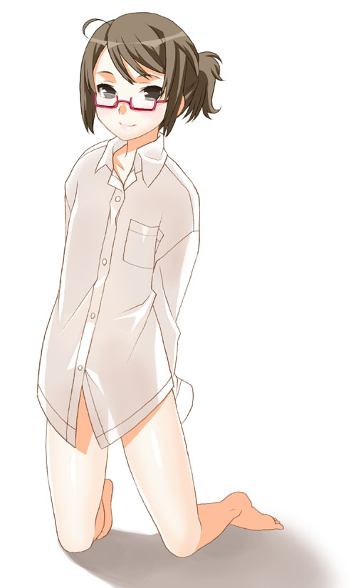 mattaku mousuke, original, 1girl, androgynous, barefoot, bottomless, dress shirt, feet, female focus, glasses, gradient background, shirt, solo, toes