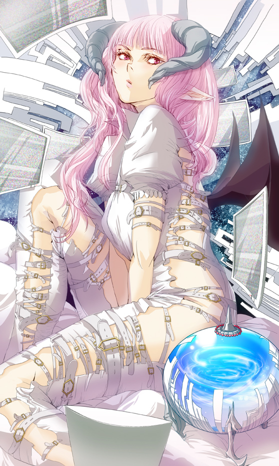tanupo, original, 1girl, armlet, belt, belt buckle, buckle, demon girl, demon wings, female focus, horns, jewelry, long hair, looking back, orb, pink hair, pointy ears, puffy sleeves, pursed lips, red eyes, screen, sitting, solo, static, wavy hair, wings