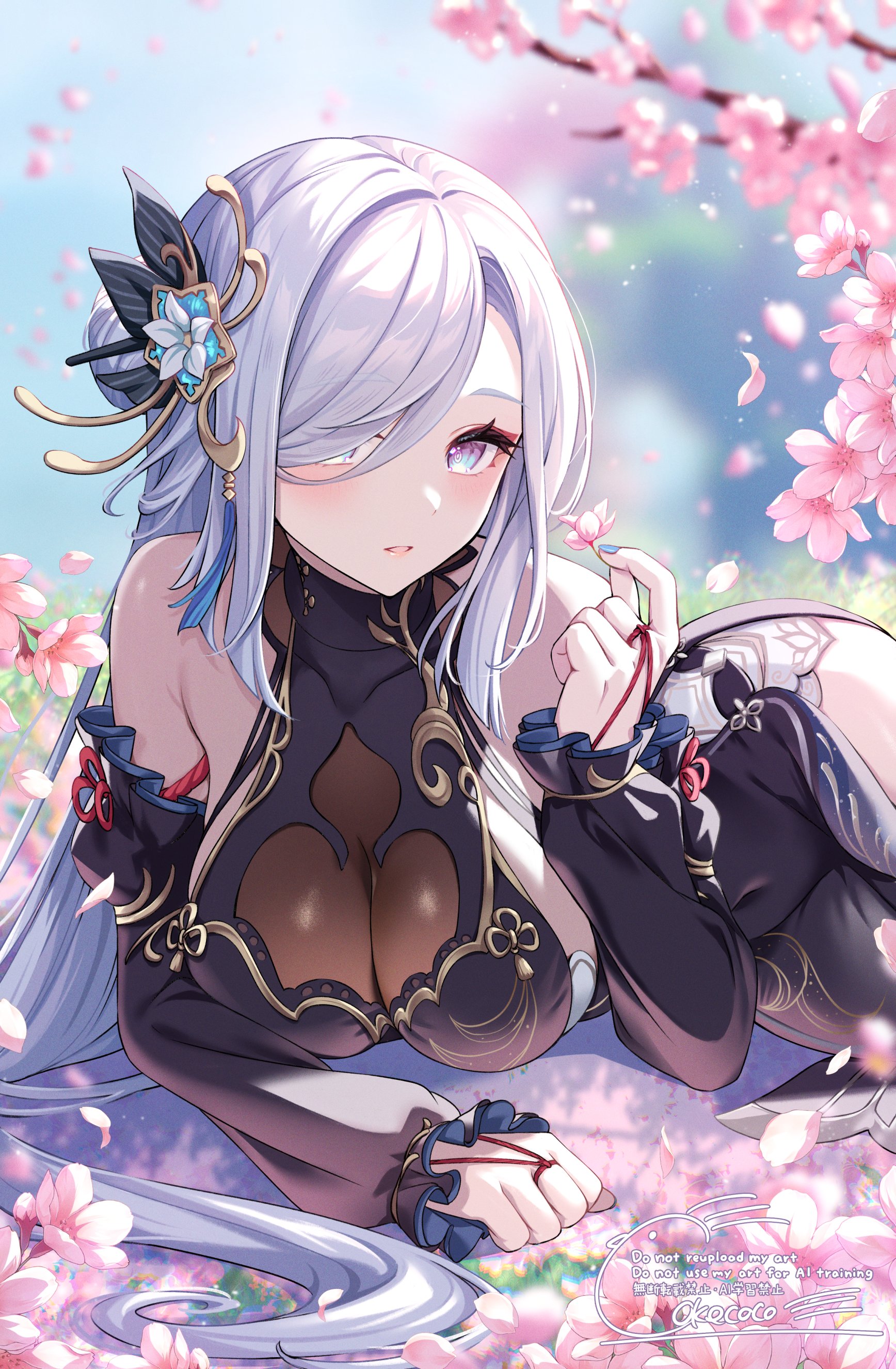 cokecoco, shenhe (frostflower dew) (genshin impact), shenhe (genshin impact), genshin impact, absurdres, commentary request, highres, 1girl, bare shoulders, black dress, black sleeves, blue eyes, blush, breasts, cherry blossoms, cleavage, covered collarbone, covered navel, cowboy shot, detached sleeves, dress, fingernails, grass, hair over one eye, large breasts, long hair, long sleeves, looking at viewer, lying, official alternate costume, on grass, on stomach, outdoors, parted lips, see-through cleavage, see-through clothes, signature, solo, very long hair, watermark, white hair