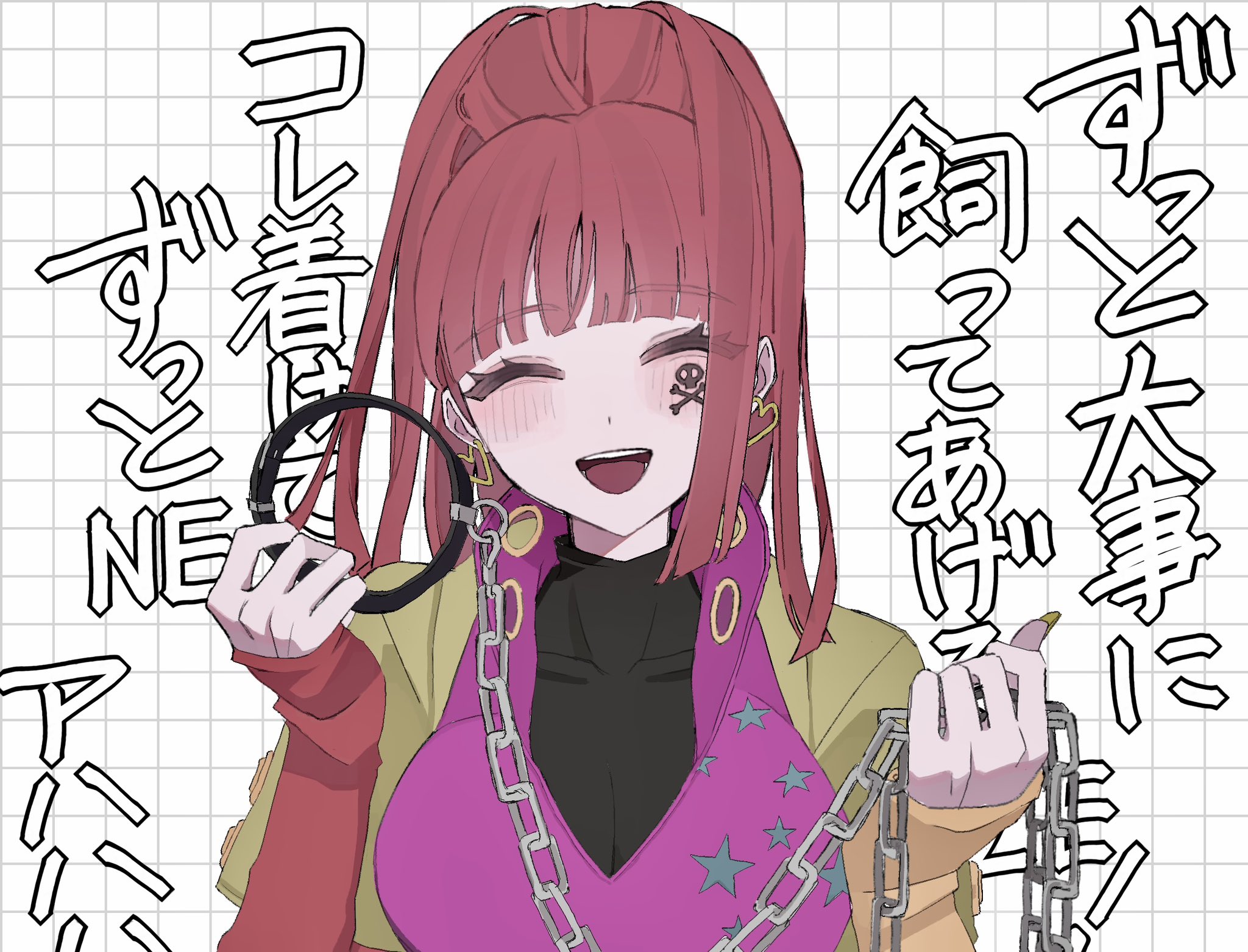 sq (gnosia), gnosia, highres, 1girl, blunt bangs, corruption, cuffs, dark persona, earrings, hair between eyes, heart, heart earrings, high ponytail, hjm gn, jewelry, long hair, long sleeves, looking at viewer, nail polish, ponytail, red hair, shackles, skull tattoo, smile, solo, tattoo, turtleneck, upper body