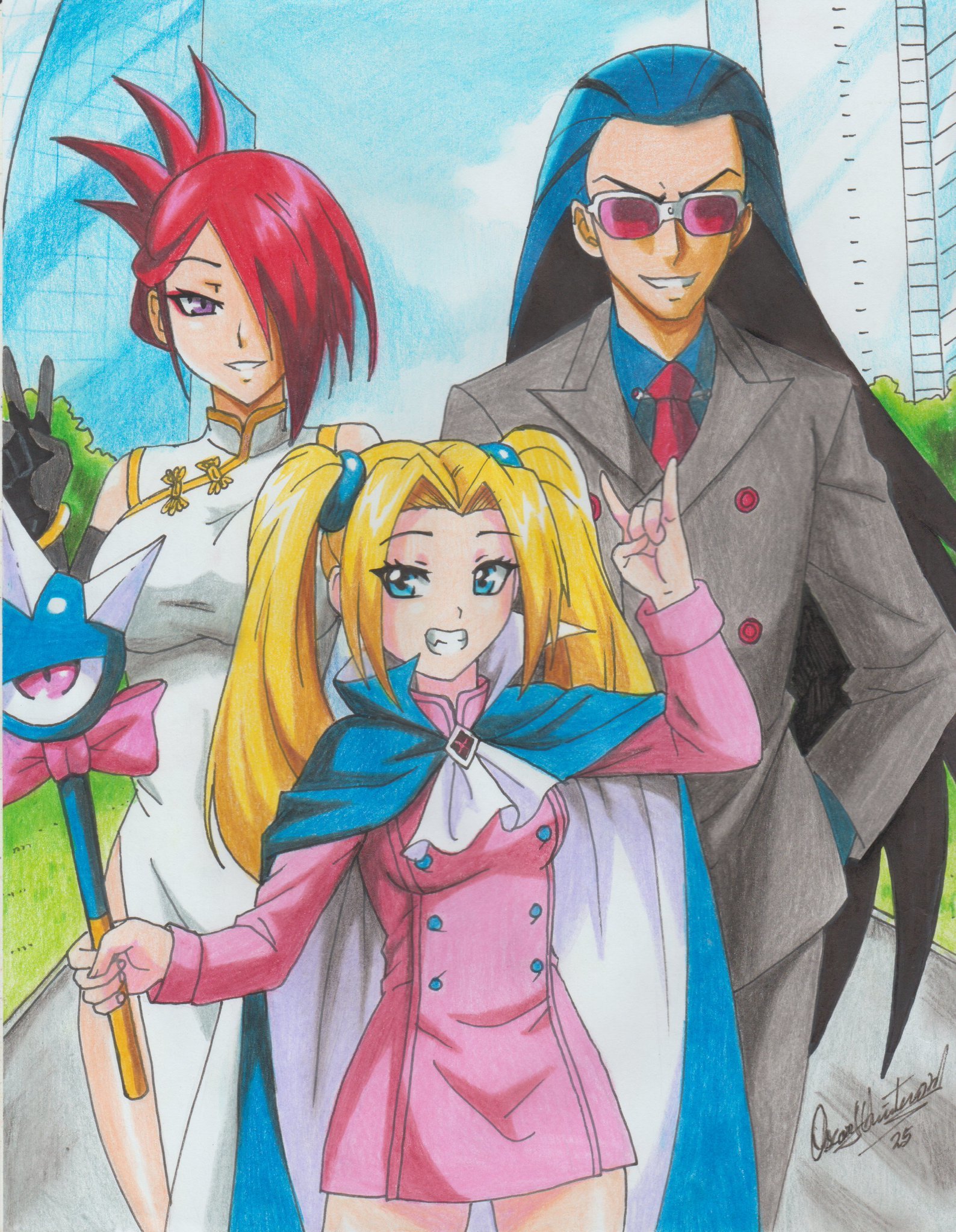 ravernclouk, marilyn sue dajie, sai (akatsuki en-eins), akatsuki blitzkampf, en-eins kanzen sekai, commission, commissioner upload, highres, 1boy, 2girls, ascot, asian, bow, breasts, cape, china dress, chinese clothes, dress, formal clothes, germany, hair over one eye, holding, holding mace, holding weapon, horns pose, insignia, kati (akatsuki en-eins), large breasts, looking at viewer, mace, medium breasts, multiple girls, necktie, smile, spiked mace, spikes, suit, sunglasses, united kingdom, v, wand, weapon