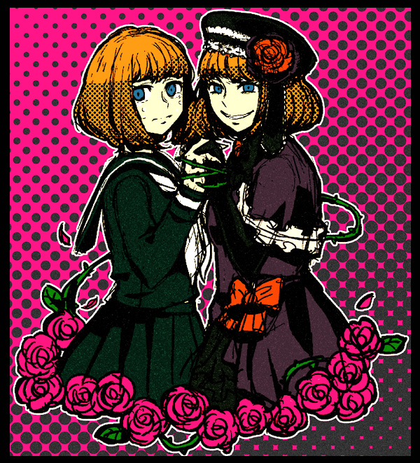 sanada (sappu), eva beatrice, umineko no naku koro ni, duplicate, 00s, blue eyes, bow, dress, dual persona, elbow gloves, flower, frills, gloves, hat, orange hair, ribbon, rose, school uniform, short hair, thorns