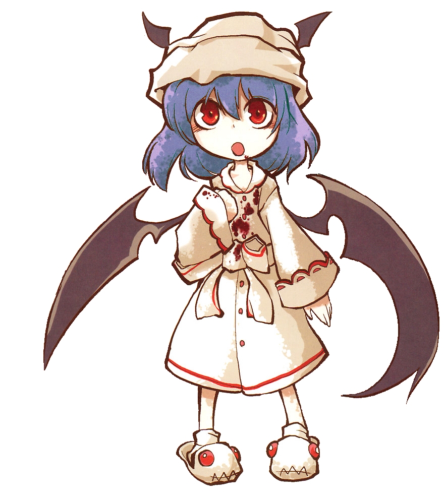sayakata katsumi, remilia scarlet, touhou, non-web source, 1girl, :o, aged down, bat wings, bathrobe, beanie, blood, blood on clothes, blood on face, blue hair, blush, female focus, hat, head wings, looking up, nightcap, open mouth, red eyes, short hair, simple background, slippers, solo, wings