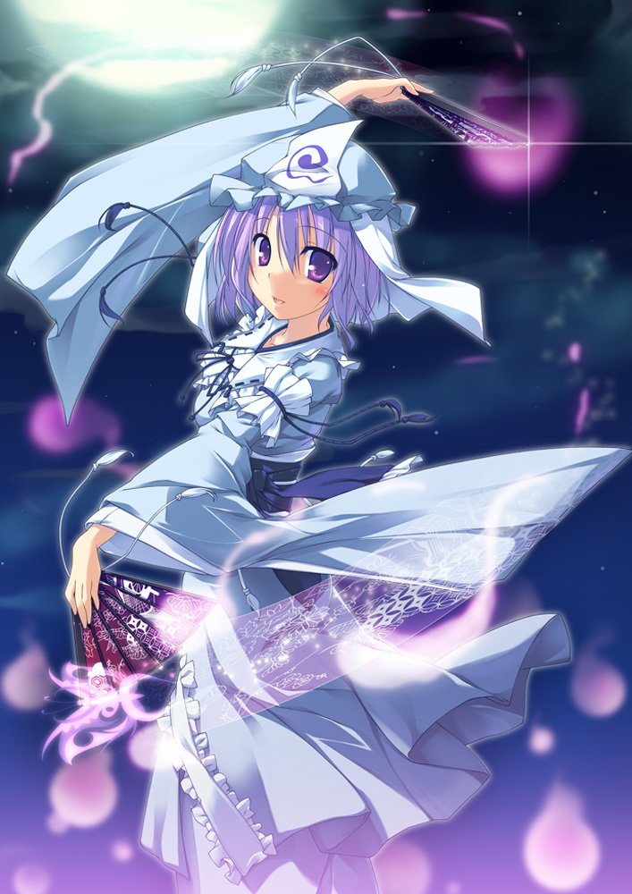t-ray, saigyouji yuyuko, touhou, 1girl, dress, female focus, gradient background, hand fan, hat, japanese clothes, kimono, outdoors, paper fan, purple eyes, purple hair, short hair, sky, solo
