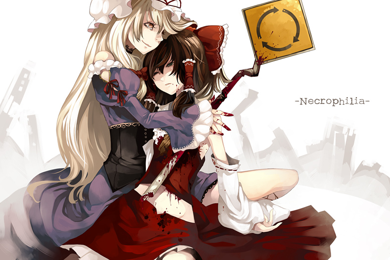 riku (artist), riku (wana), hakurei reimu, yakumo yukari, touhou, 2girls, blood, death, female focus, hug, impaled, multiple girls, road sign, sign, yuri