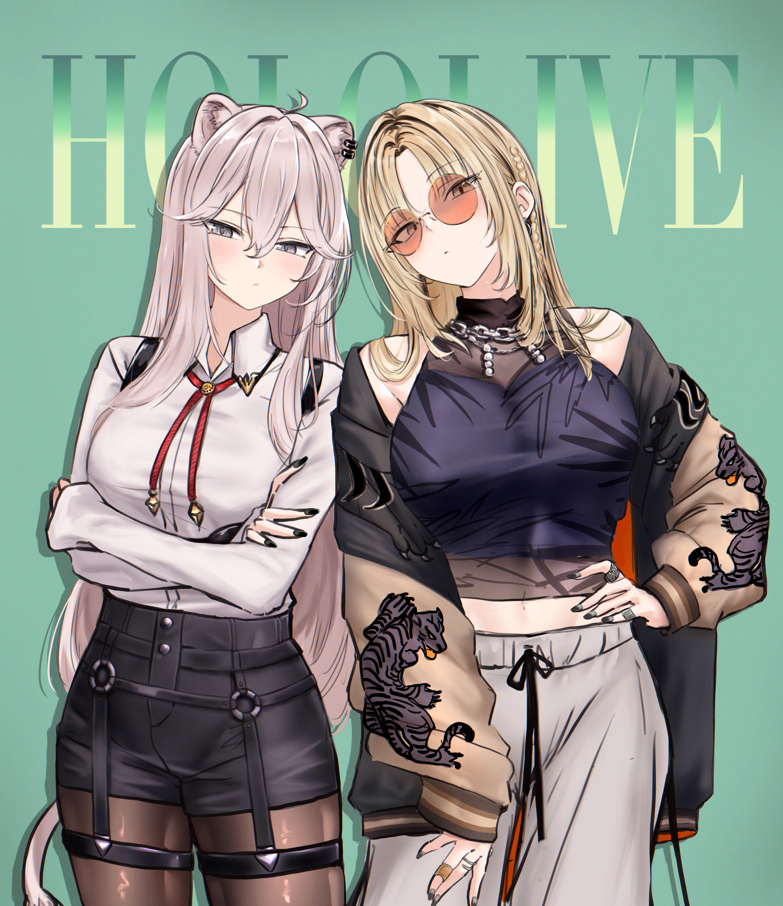 zexalmike, koganei niko, shishiro botan, hololive, absurdres, commentary request, highres, 2girls, ahoge, animal ear piercing, animal ears, animal print, bare shoulders, black hair, black jacket, black nails, black shirt, black shorts, blonde hair, blush, bra over clothes, braid, breasts, chain, chain necklace, closed mouth, collared shirt, cowboy shot, criss-cross back-straps, crop top, crossed arms, curtained hair, expressionless, fingernails, full body, gradient background, green background, green eyes, grey eyes, grey hair, grey pants, hair between eyes, hair ornament, halter shirt, halterneck, hand on own hip, jacket, jewelry, large breasts, lion ears, lion girl, lion tail, logo, long fingernails, long hair, long sidelocks, long sleeves, looking at viewer, multicolored hair, multiple girls, navel, necklace, official alternate costume, official alternate hair length, official alternate hairstyle, orange-tinted eyewear, pants, pantyhose, parted bangs, parted hair, piercing, see-through clothes, see-through shirt, see-through tank top, shadow, shirt, shorts, sidelocks, simple background, single braid, sleeveless, sleeveless shirt, slit pupils, smile, solo, straight hair, streaked hair, sukajan, sunglasses, sweatpants, tail, tiger print, tinted eyewear, two-tone hair, very long hair, virtual youtuber, white shirt, yellow eyes