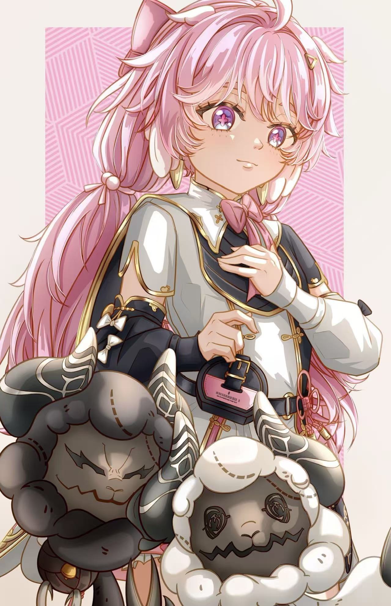 cloudy (wuthering waves), cosmos (wuthering waves), encore (wuthering waves), wuthering waves, highres, 1girl, ahoge, asymmetrical sleeves, belt pouch, black dress, black sleeves, border, bow, cross-shaped pupils, dress, earrings, elbow sleeve, gold earrings, grey border, hair bow, hair intakes, hand on own chest, heidianzashipu, jewelry, long hair, low twintails, mismatched sleeves, outside border, petite, pink background, pink bow, pink hair, pouch, puffy sleeves, purple eyes, short sleeves, smile, solo, stuffed animal, stuffed sheep, stuffed toy, symbol-shaped pupils, twintails, two-tone dress, upper body, very long hair, white dress, white sleeves