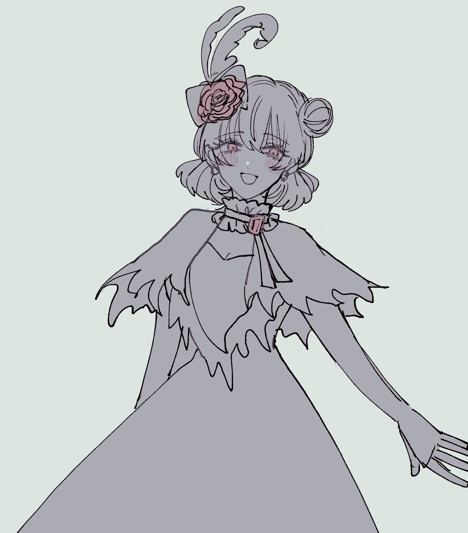 47music2, minnie mouse, disneyland, mickey mouse & friends, highres, 1girl, dress, feathers, flower, gloves, humanization, looking at viewer, monochrome, open mouth, partially colored, pink eyes, rose, short hair, smile, solo, white gloves