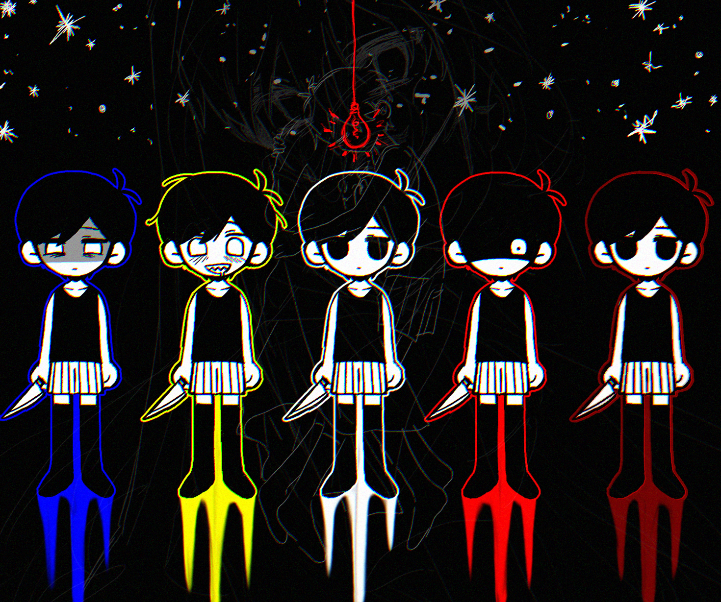 rou (h s sinrin), mari (headspace) (omori), mari (omori), omori (omori), omori, highres, 1boy, 1girl, antenna hair, black eyes, black hair, black thighhighs, brother and sister, closed mouth, collarbone, colored skin, double-parted bangs, drooling, expressionless, grin, hair between eyes, holding, holding knife, knife, light bulb, mouth drool, official alternate eye color, open mouth, shaded face, sharp teeth, short hair, shorts, siblings, smile, striped clothes, striped shorts, teeth, thighhighs, vertical-striped clothes, vertical-striped shorts, white eyes, white shorts, white skin