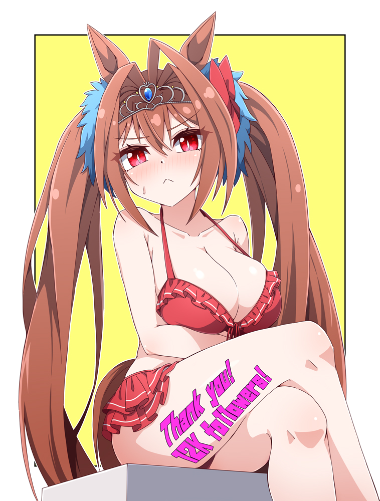 hiro (pqtks113), daiwa scarlet (umamusume), umamusume, commentary request, 1girl, animal ears, arms under breasts, bare shoulders, bikini, bikini skirt, blush, box, breasts, brown hair, cleavage, closed mouth, collarbone, crossed arms, crossed legs, daiwa scarlet (mini vacation) (umamusume), english text, frilled bikini, frills, front-tie bikini top, front-tie top, frown, hair between eyes, hair intakes, hair ornament, hair ribbon, horse ears, horse girl, horse tail, large breasts, long hair, looking at viewer, navel, nose blush, official alternate costume, on box, red bikini, red eyes, red ribbon, ribbon, sitting, sitting on box, solo, sweat, sweatdrop, swimsuit, tail, thank you, tiara, twintails, very long hair, yellow background