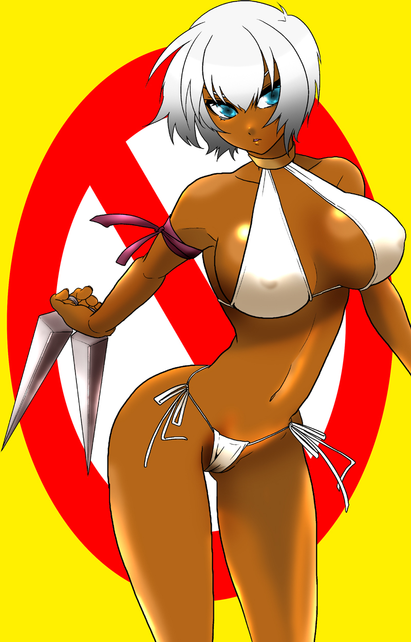 kondoru, elena (street fighter), capcom, original, street fighter, street fighter iii (series), highres, 1girl, armband, armpits, bikini, blue eyes, breasts, breasts apart, choker, covered erect nipples, dark-skinned female, dark skin, female focus, halterneck, jewelry, kunai, large breasts, legs, looking at viewer, micro bikini, neck ring, no symbol, road closed to vehicles sign, road sign, short hair, side-tie bikini bottom, sideboob, sign, simple background, solo, standing, swimsuit, thighs, weapon, white bikini, white hair, yellow background