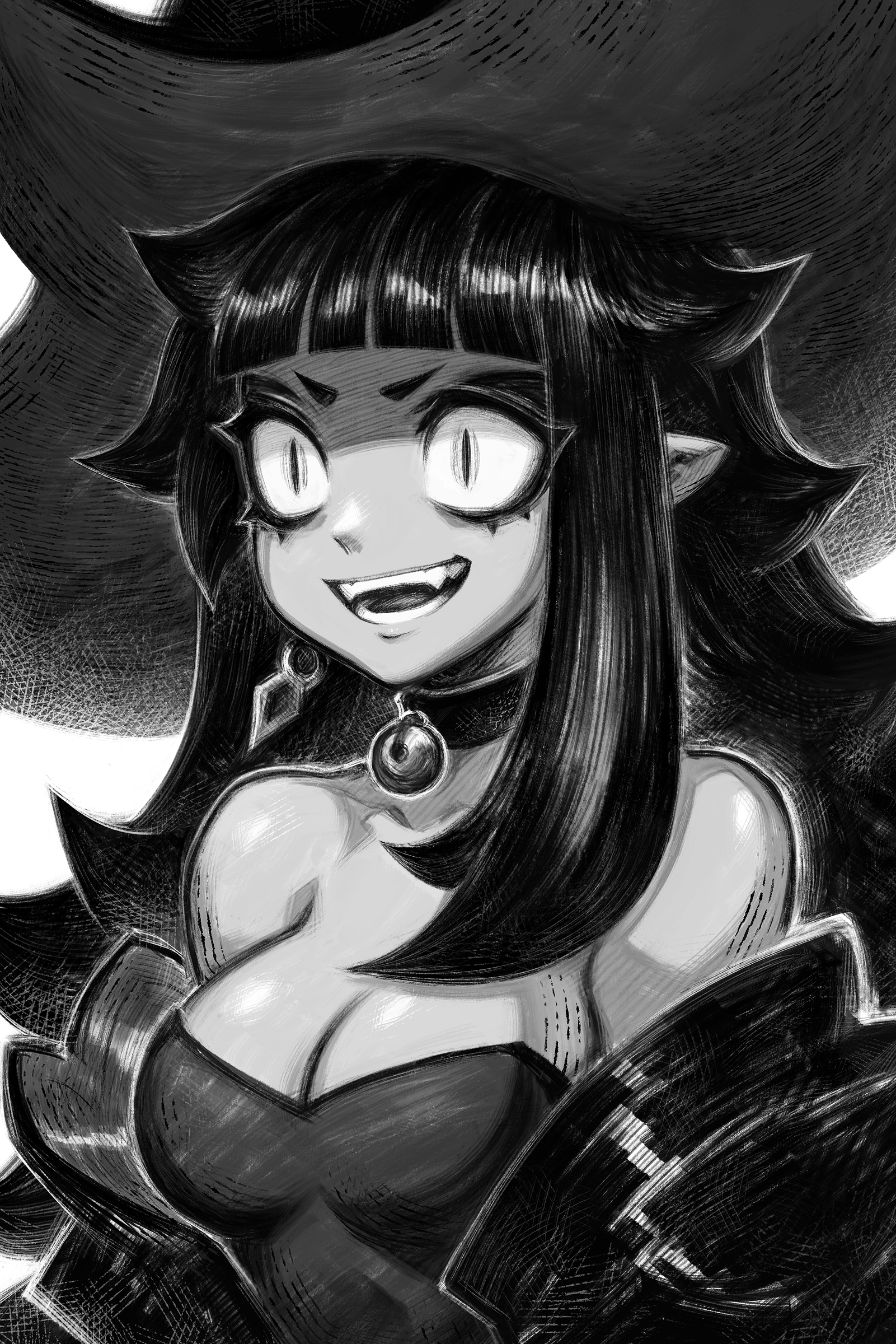 liyart, original, absurdres, highres, 1girl, bare shoulders, bell, black hair, blunt bangs, breasts, choker, cleavage, earrings, eyelashes, fangs, hat, jewelry, long hair, neck bell, off shoulder, open mouth, pointy ears, short eyebrows, sketch, sleeveless, slit pupils, solo, witch, witch hat
