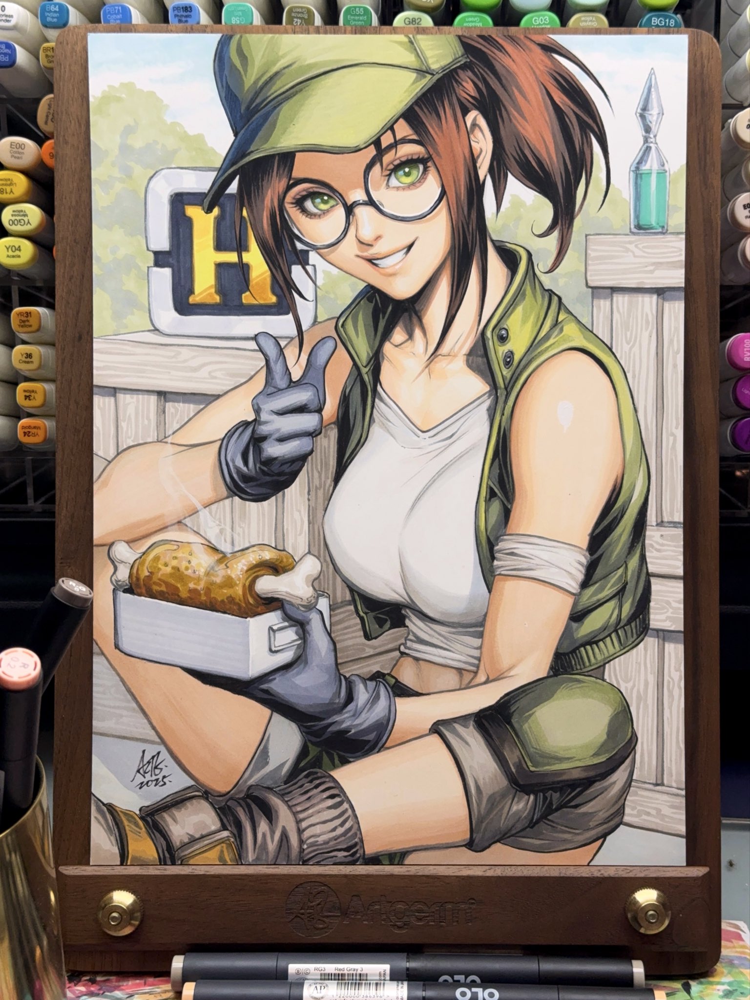 stanley lau, fio germi, metal slug, highres, boned meat, boots, box, breasts, brown hair, food, glasses, gloves, green eyes, hat, jacket, knee pads, meat, midriff, open clothes, open jacket, parted bangs, pointing, ponytail, shorts, sitting, sleeveless, smile, tank top, vest