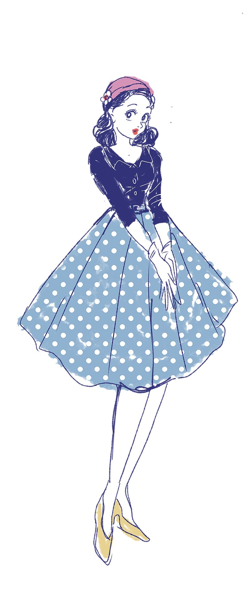 yama18imo, minnie mouse, mickey mouse & friends, highres, 1girl, black eyes, black hair, black shirt, colored skin, fashion, full body, humanization, looking at viewer, open mouth, polka dot, shirt, short hair, skirt, solo, white skin