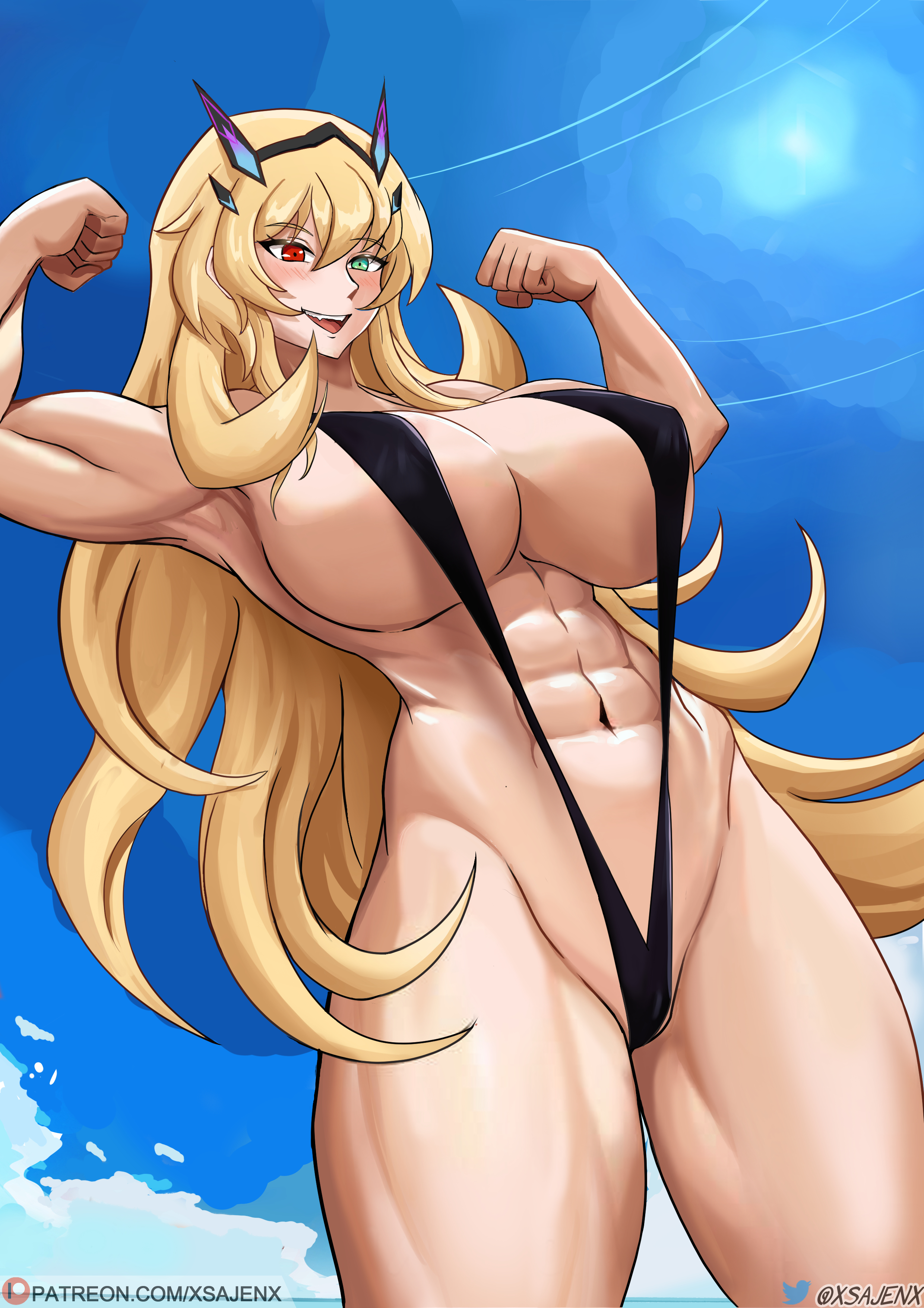 xsajenx, barghest (fate), fate (series), 1girl, abs, black slingshot swimsuit, blonde hair, blush, breasts, cleavage, green eyes, heterochromia, huge breasts, long hair, muscular, muscular female, red eyes, revealing clothes, slingshot swimsuit, smile, solo, swimsuit, thick thighs, thighs