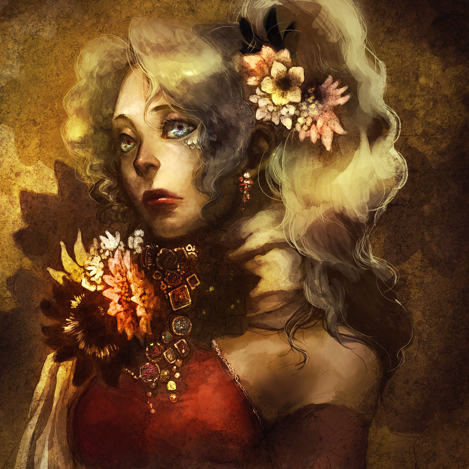 lucy (artist), ruushii, tina branford, final fantasy, final fantasy vi, bad id, bad pixiv id, highres, 1990s (style), 1girl, aqua eyes, blonde hair, blue eyes, earrings, female focus, flower, heterochromia, jewelry, lips, long hair, necklace, painterly, ponytail, solo