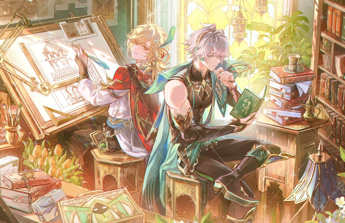 jessica wijaya, alhaitham (genshin impact), kaveh (genshin impact), genshin impact, commentary, commission, english commentary, 2boys, back-to-back, bare shoulders, black pants, black shirt, blonde hair, book, book stack, bookshelf, briefcase, cape, chest jewel, closed mouth, drawing (action), drawing (object), feather hair ornament, feathers, figure four sitting, green cape, green eyes, grey hair, hair ornament, holding, holding book, holding quill, indoors, long hair, looking at viewer, male focus, multiple boys, on stool, open book, pants, parted lips, quill, reading, red eyes, shirt, short hair, sitting, stool, table, vision (genshin impact), watermark, watermark grid, white shirt, window
