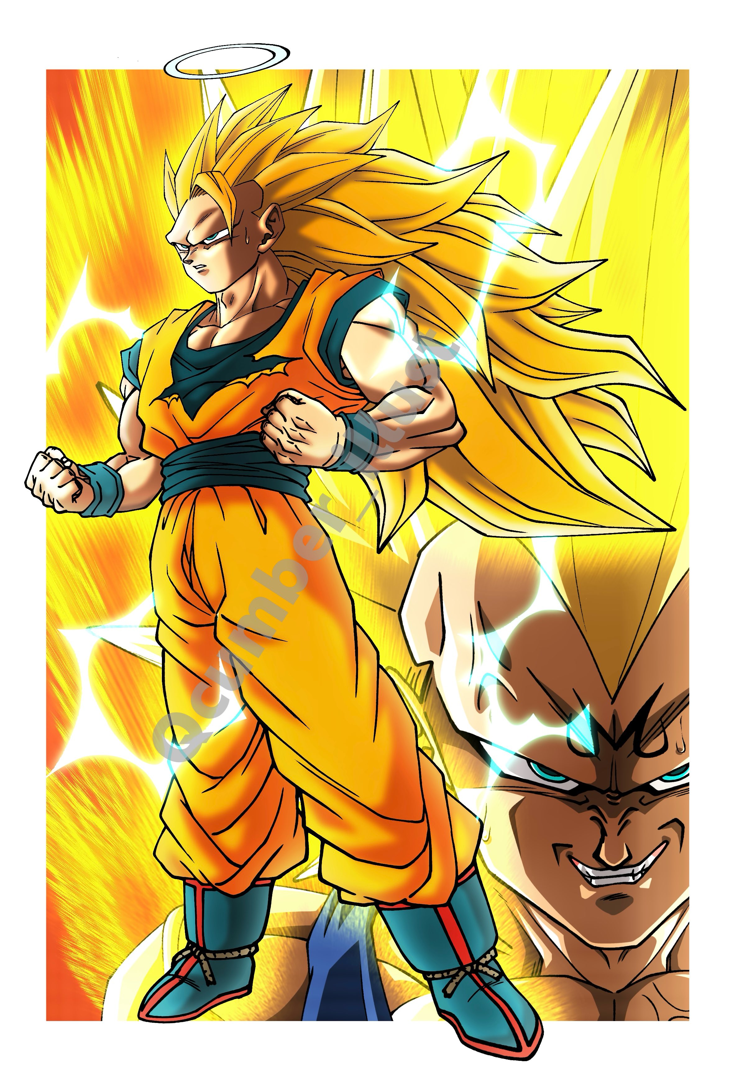 qcumber illust, gokou ruri, majin vegeta, son goku, vegeta, dragon ball, dragonball z, absurdres, highres, 2boys, aura, blonde hair, blue boots, blue shirt, boots, donut hair bun, electricity, hair bun, long hair, looking at viewer, male focus, multiple boys, muscular, no eyebrows, orange pants, orange shirt, pants, shirt, solo focus, spiked hair, upper body