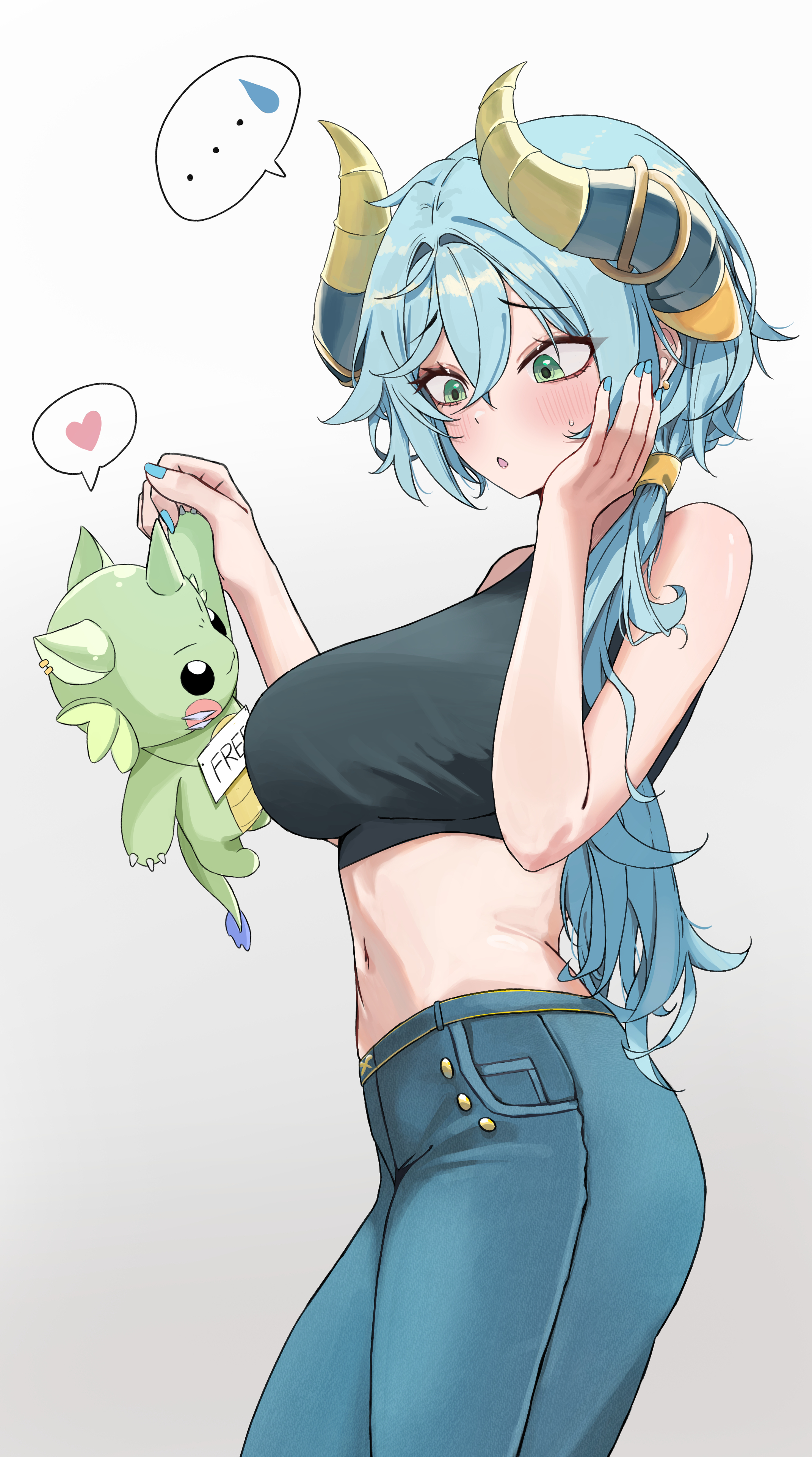 buta dong, indie virtual youtuber, absurdres, commentary, highres, …, 1girl, :o, black tank top, blue hair, blue nails, blush, breasts, cowboy shot, creature, crop top, crossed bangs, curved horns, denim, double-parted bangs, fingernails, from side, gradient background, green eyes, grey background, hair between eyes, hair tubes, hand on own face, hands up, heart, holding, holding creature, jeans, large breasts, long hair, mare flos, midriff, nail polish, navel, pants, parted lips, ponytail, raised inner eyebrows, solo, speech bubble, spoken ellipsis, spoken heart, spoken sweatdrop, standing, sweat, sweatdrop, tank top, virtual youtuber