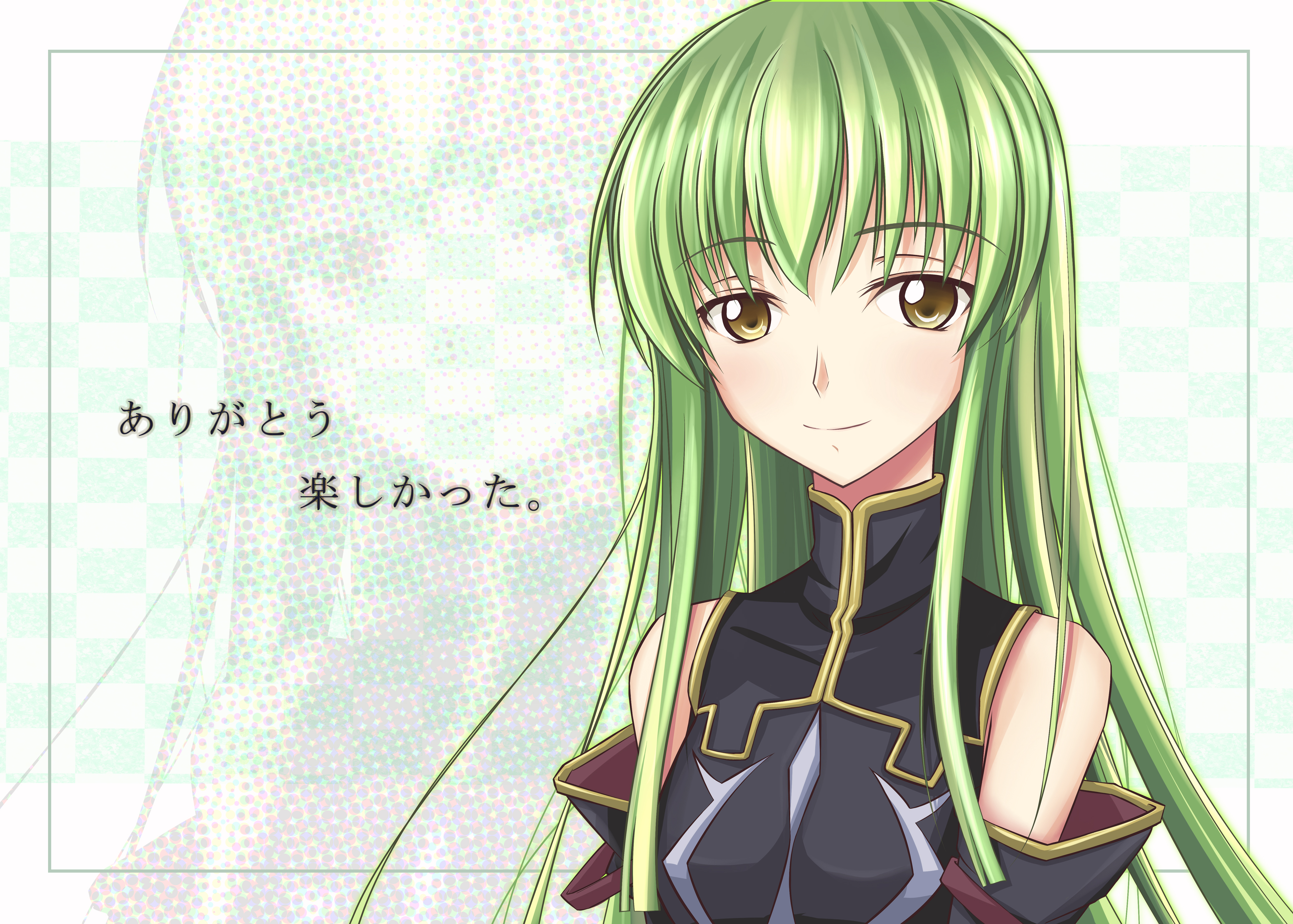 jennifer yamada, c.c., code geass, absurdres, highres, translated, 00s, detached sleeves, green hair, long hair, solo, yellow eyes