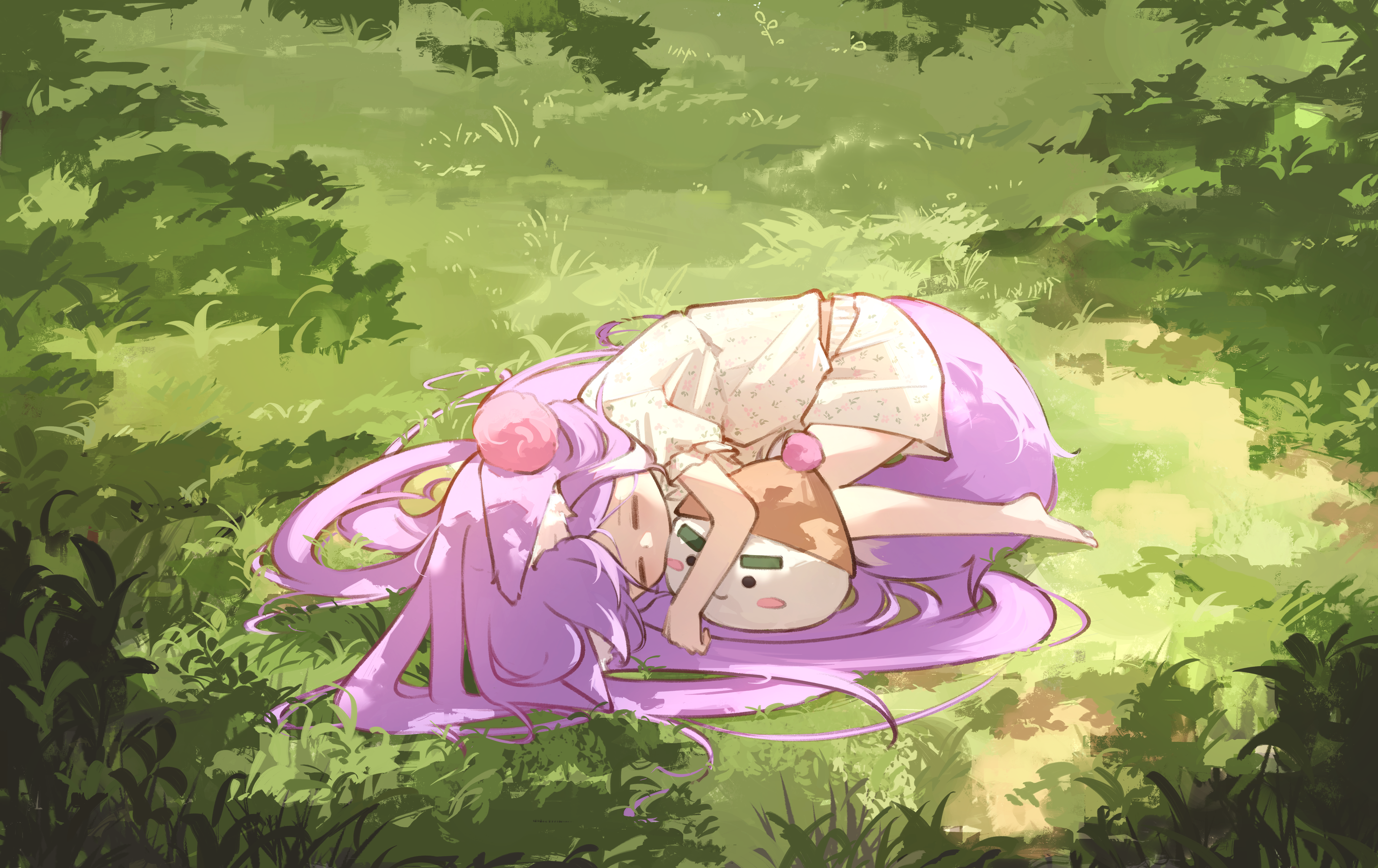 electromocha, tenko shibuki, stellive, absurdres, commentary request, highres, korean commentary, 1girl, animal ear fluff, animal ears, barefoot, closed eyes, creature, day, fetal position, field, floral print, fox ears, fox girl, fox tail, full body, grey pajamas, hair ornament, hair spread out, inari (tenko shibuki), long hair, lying, on ground, on side, outdoors, pajamas, pom pom (clothes), pom pom hair ornament, print pajamas, shade, short shorts, short sleeves, shorts, sleeping, solo, tail, very long hair