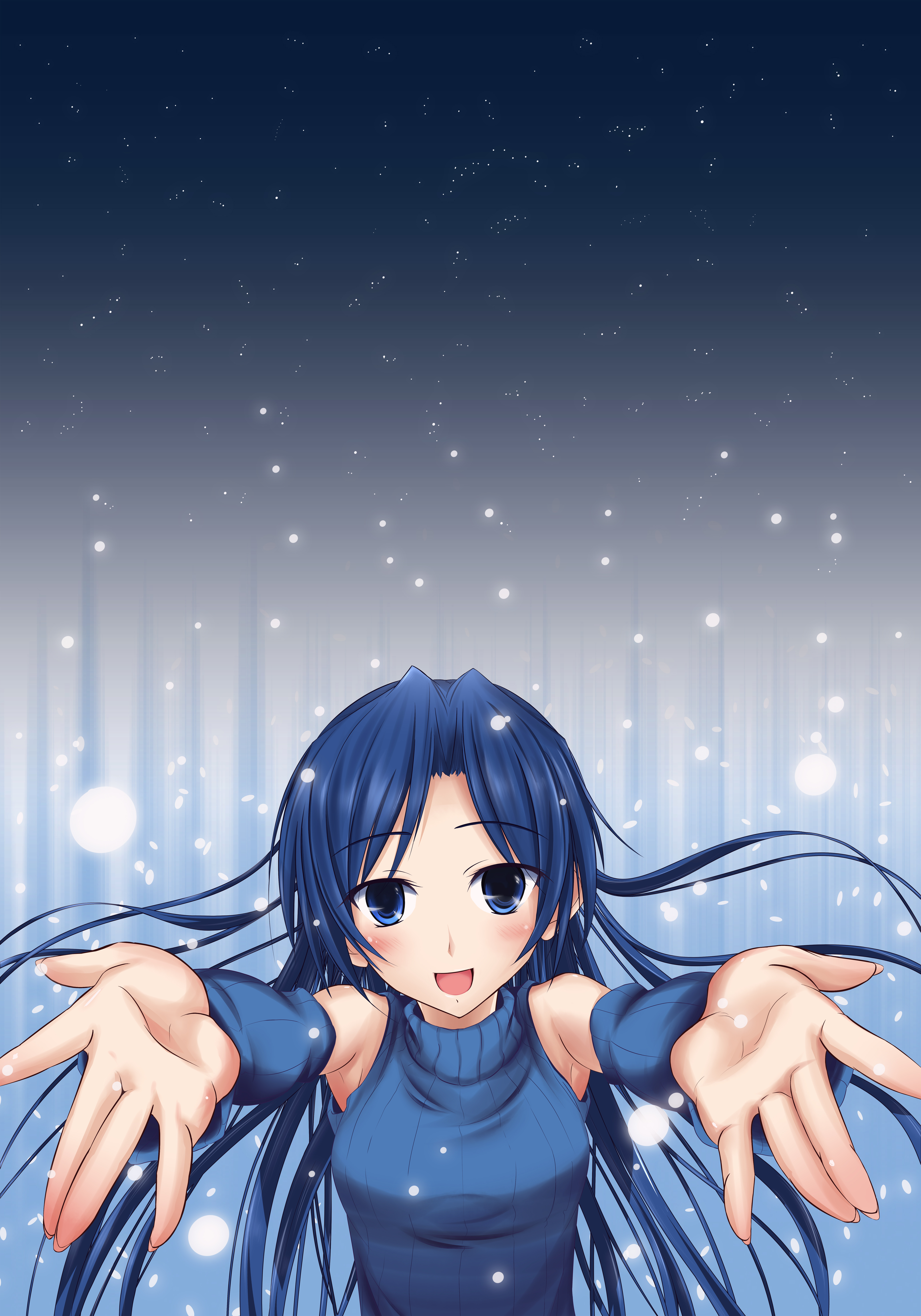 jennifer yamada, kisaragi chihaya, idolmaster, idolmaster (classic), idolmaster 1, absurdres, highres, 00s, 1girl, blue eyes, blue hair, detached sleeves, female focus, foreshortening, matching hair/eyes, night, open mouth, snow, solo
