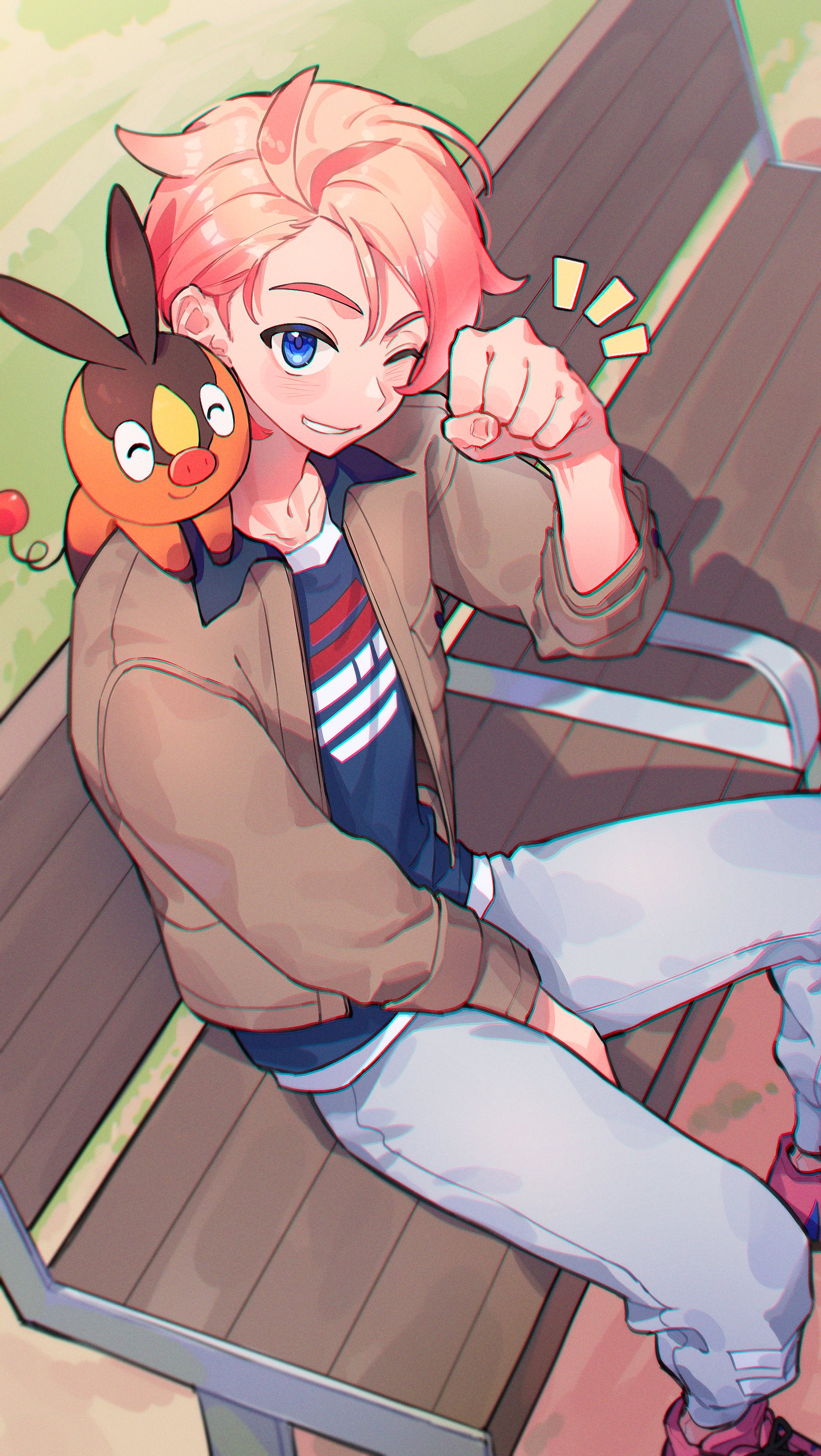 tepig, urbain (pokemon), nintendo, pokemon, pokemon legends: z-a, absurdres, commentary request, hashtag-only commentary, highres, 1boy, ^ ^, arm up, bench, blue eyes, blue shirt, brown jacket, clenched hand, closed eyes, collared jacket, denim, fingernails, from above, gen 5 pokemon, grin, jacket, jeans, looking at viewer, male focus, nanacho09, on bench, on shoulder, one eye closed, open clothes, open jacket, outdoors, pants, parted bangs, pink hair, pokemon (creature), pokemon on shoulder, print shirt, shirt, shoes, short hair, sitting, smile, solo, teeth, wing collar
