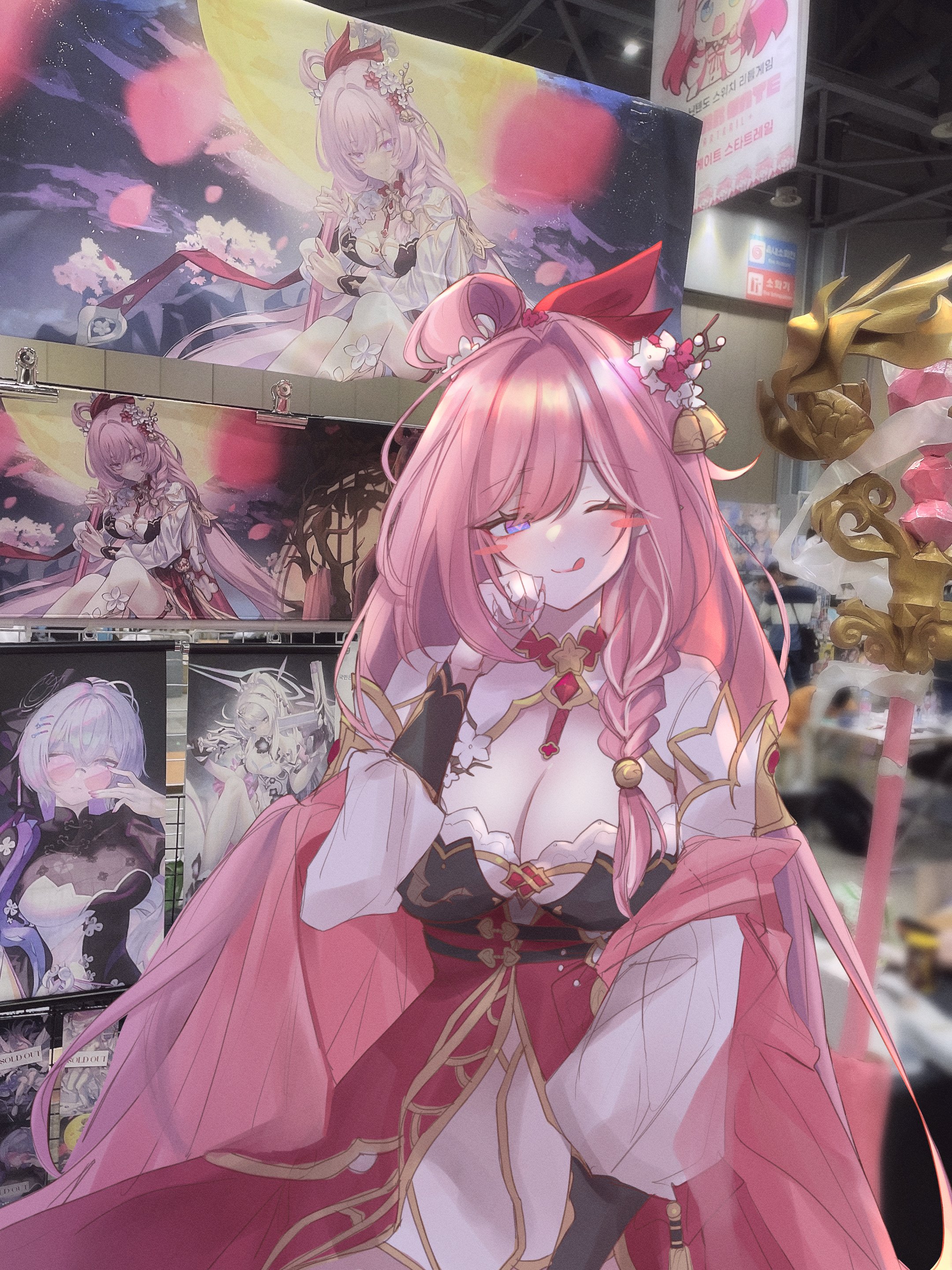 pon9019, bronya zaychik, bronya zaychik (heart of the night), bronya zaychik (silverwing: n-ex), elysia (herrscher of human: ego) (honkai impact), elysia (honkai impact), elysia (peachy spring) (honkai impact), kiana kaslana, kiana kaslana (herrscher of finality), honkai (series), honkai impact 3rd, absurdres, commentary, highres, symbol-only commentary, 1girl, ;), bell, blush stickers, braid, breasts, cleavage, diamond-shaped pupils, diamond (shape), dress, flower, hair bell, hair flower, hair ornament, indoors, large breasts, licking lips, long hair, official alternate costume, one eye closed, photo background, pink hair, purple eyes, red dress, single braid, smile, solo, symbol-shaped pupils, tongue, tongue out, very long hair