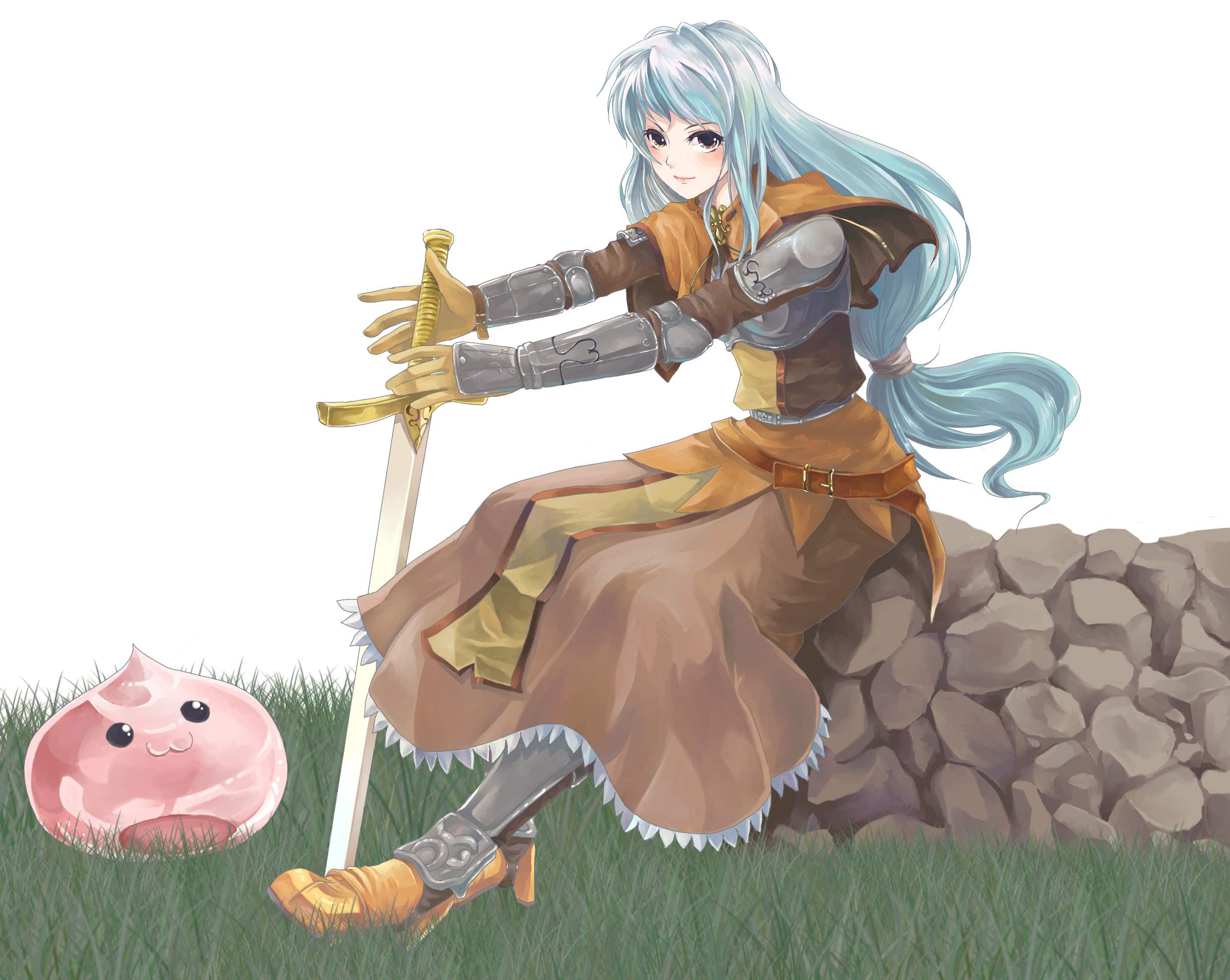 poring, swordsman (ragnarok online), ragnarok online, commentary request, highres, 1girl, :3, belt, blue hair, boots, boulder, brown belt, brown boots, brown capelet, brown dress, capelet, chest guard, closed mouth, dress, full body, grass, holding, holding sword, holding weapon, long hair, long sleeves, looking at viewer, low-tied long hair, purple eyes, sitting, slime (creature), smile, solo, sword, vambraces, weapon, white background, yasui (sonolemon)