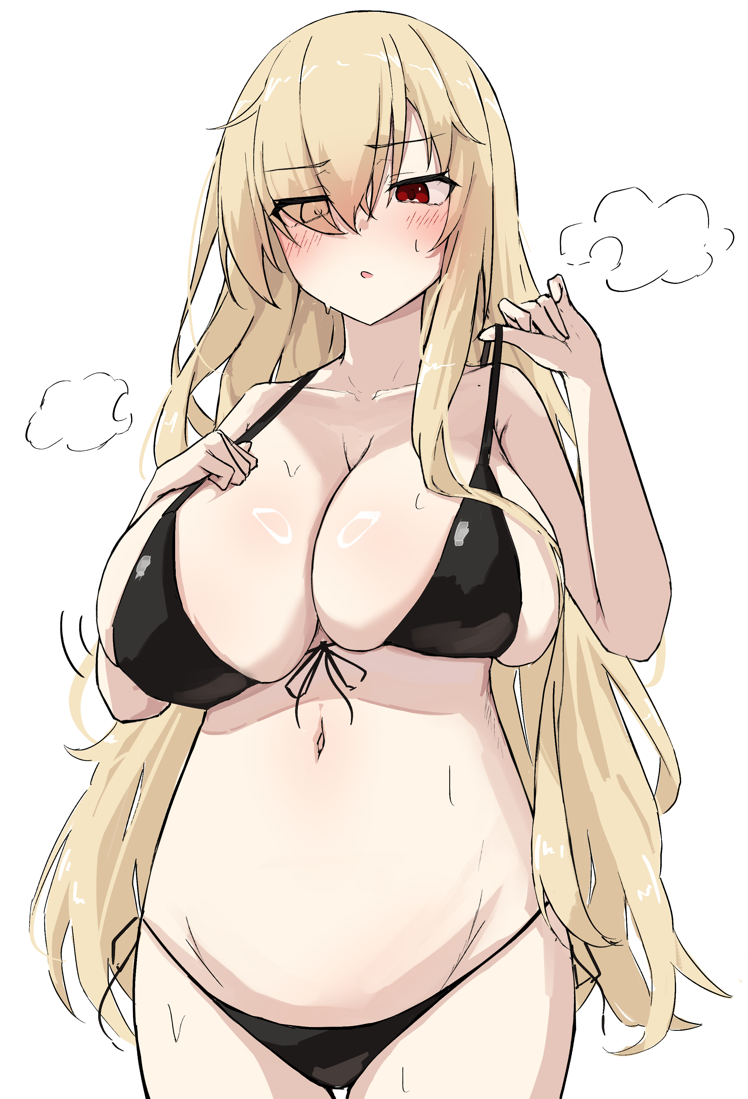 takoyaki032002, ghost (9-nine-), 9-nine-, absurdres, highres, 1girl, :o, alternate breast size (larger), alternate costume, bikini, black bikini, blonde hair, blush, breast suppress, breasts, cleavage, collarbone, cowboy shot, eyes visible through hair, front-tie bikini top, front-tie top, hair over breasts, hair over one eye, hands up, huge breasts, long bangs, long hair, looking at viewer, mole, mole on collarbone, motion lines, navel, open mouth, puff of air, pulling own clothes, red eyes, sidelocks, simple background, solo, stomach, strap pull, sweat, swimsuit, thigh gap, very long hair, white background