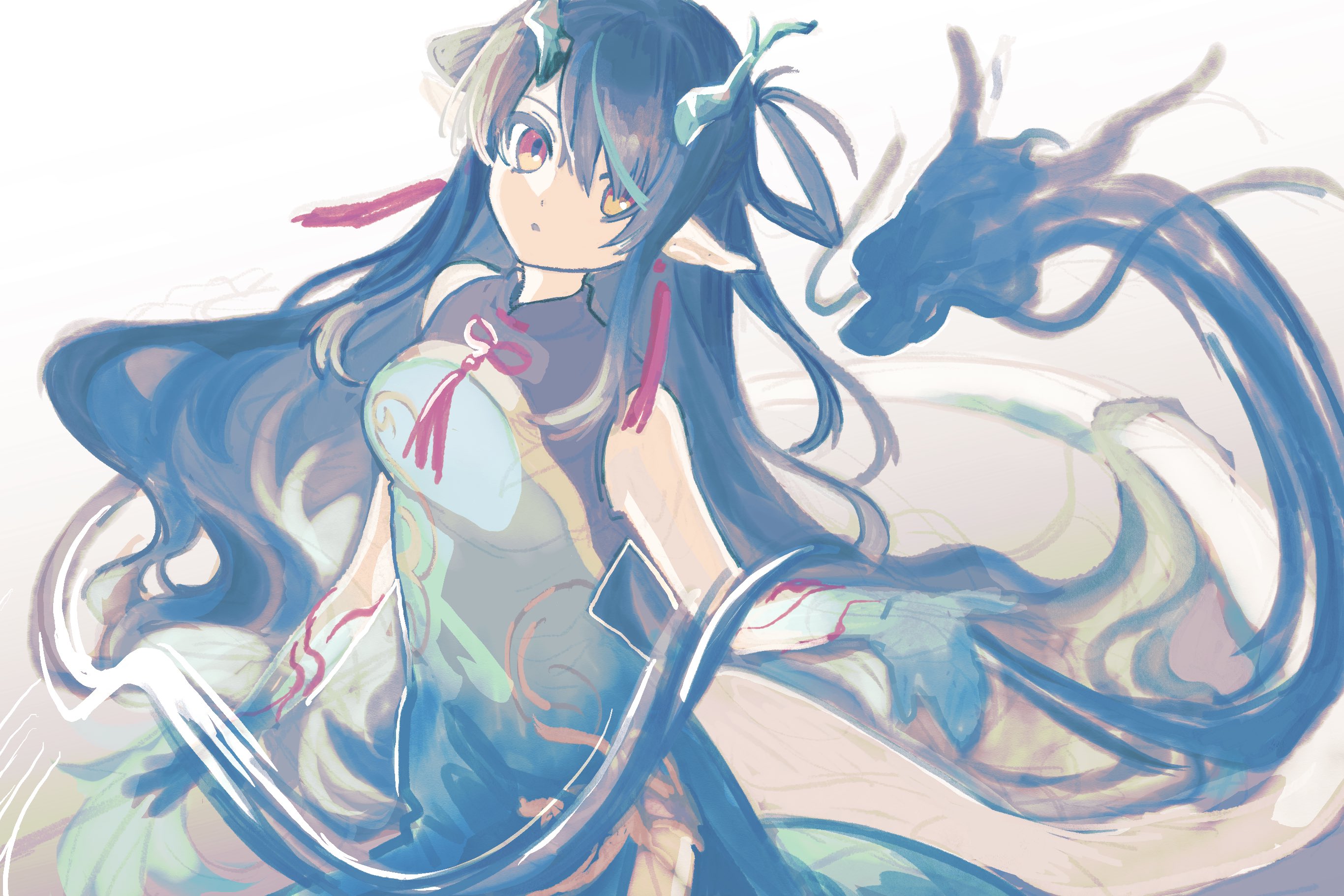 dusk (arknights), dusk (everything is a miracle) (arknights), arknights, highres, 1girl, black hair, china dress, chinese clothes, colored extremities, colored skin, dragon girl, dragon horns, dragon tail, dress, earrings, eastern dragon tail, gradient skin, green hands, green horns, green skin, gu suka pee, horns, jewelry, long hair, looking at viewer, multicolored hair, pointy ears, red eyes, solo, streaked hair, tail, tassel, tassel earrings