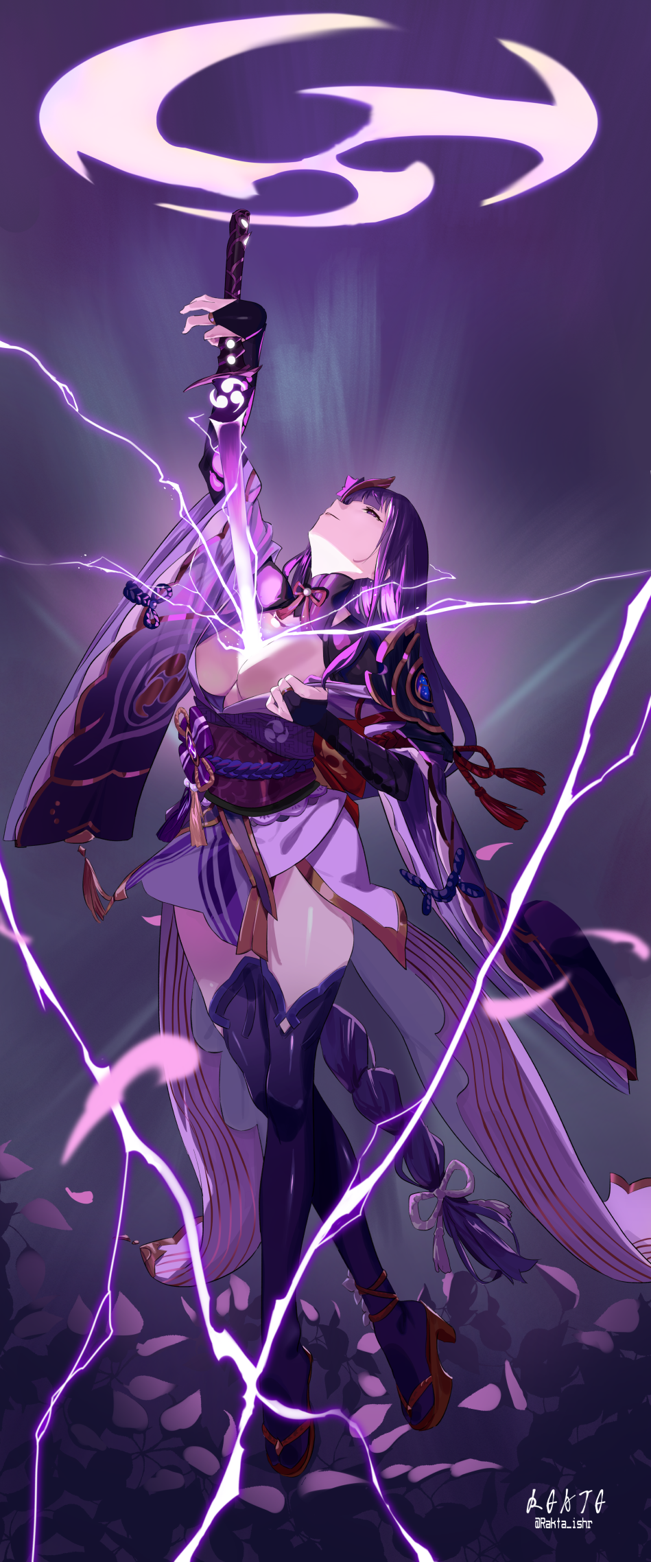 rakuta, raiden shogun, genshin impact, highres, 1girl, breasts, bridal gauntlets, cleavage, closed mouth, drawing sword, hair ornament, half-closed eyes, holding, holding sword, holding weapon, japanese clothes, katana, kimono, large breasts, leaf, lightning, long hair, long sleeves, looking up, pulling own clothes, purple hair, sash, signature, solo, sword, thighhighs, thighs, twitter username, weapon