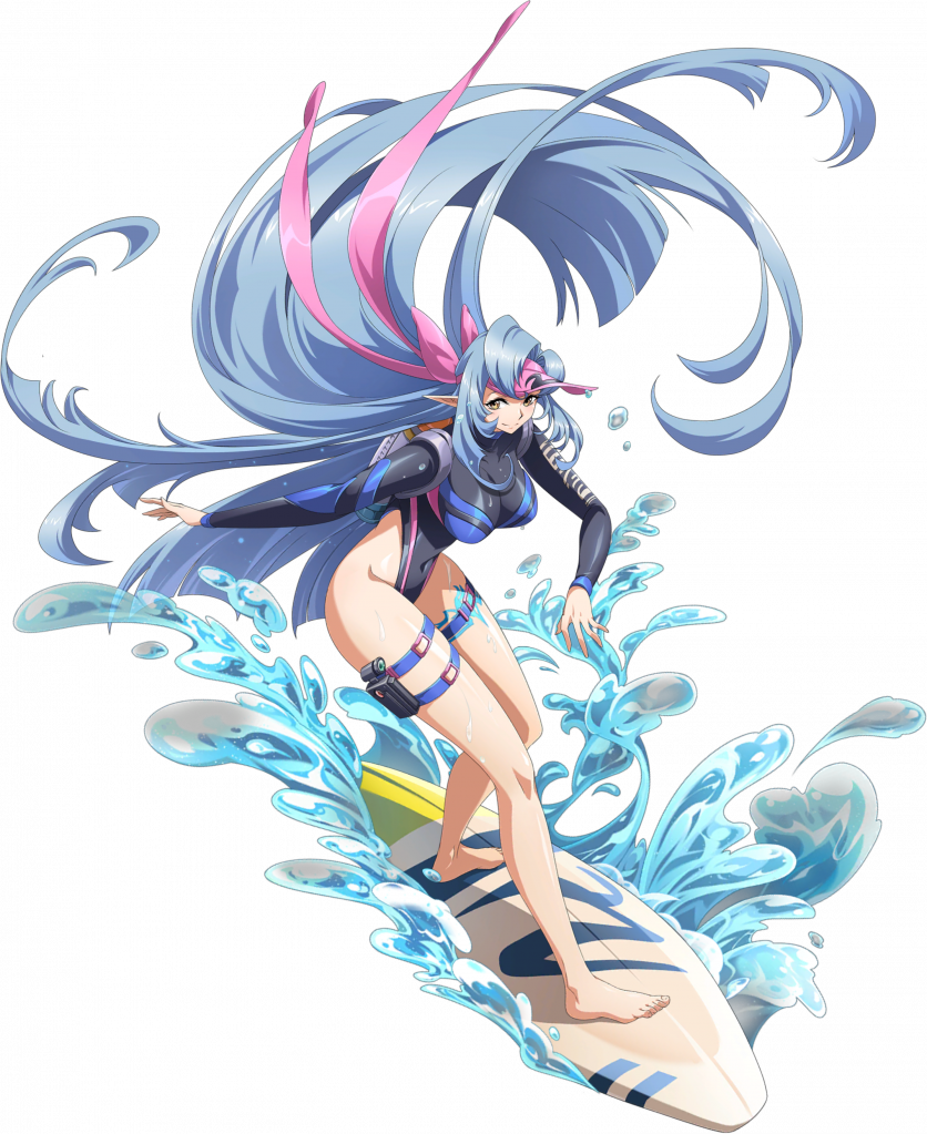 langrisser, langrisser mobile, game cg, official art, third-party source, 1girl, absurdly long hair, backpack, bag, balancing, barefoot, black one-piece swimsuit, black wetsuit, blue hair, body markings, bodysuit, breasts, closed mouth, covered navel, curtained hair, diving suit, elf, floating hair, full body, hair ribbon, highleg, highleg one-piece swimsuit, large breasts, legs, long hair, long sidelocks, looking at viewer, multicolored one-piece swimsuit, multicolored swimsuit, nemia (langrisser), official alternate costume, one-piece swimsuit, outstretched arms, parted bangs, pink ribbon, pointy ears, ribbon, shiny skin, sidelocks, simple background, smile, solo, splashing, standing, standing on object, surfboard, surfing, swimsuit, tachi-e, thigh strap, transparent background, very long hair, visor cap, water, wetsuit, yellow eyes