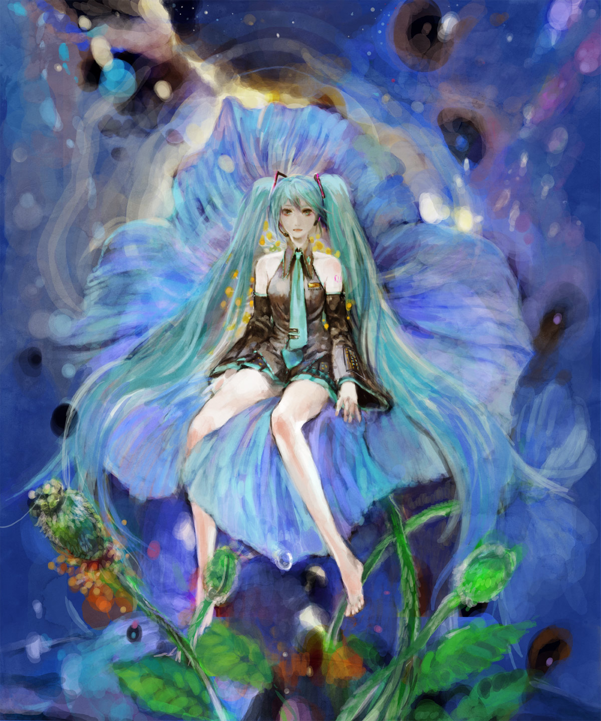 tomatika, hatsune miku, vocaloid, bad id, bad pixiv id, highres, ||/, barefoot, feet, flower, long hair, on flower, pollen, solo, star (symbol), very long hair