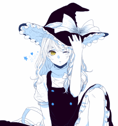 kirisame marisa, touhou, lowres, 1girl, braid, female focus, hat, monochrome, one eye closed, side braid, simple background, single braid, solo, spot color, white background, wink, yellow eyes