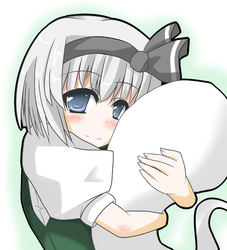konpaku youmu, konpaku youmu (ghost), touhou, silver hair, 1girl, blue eyes, blush, female focus, ghost, hairband, hitodama, hug, ribbon, short hair, solo