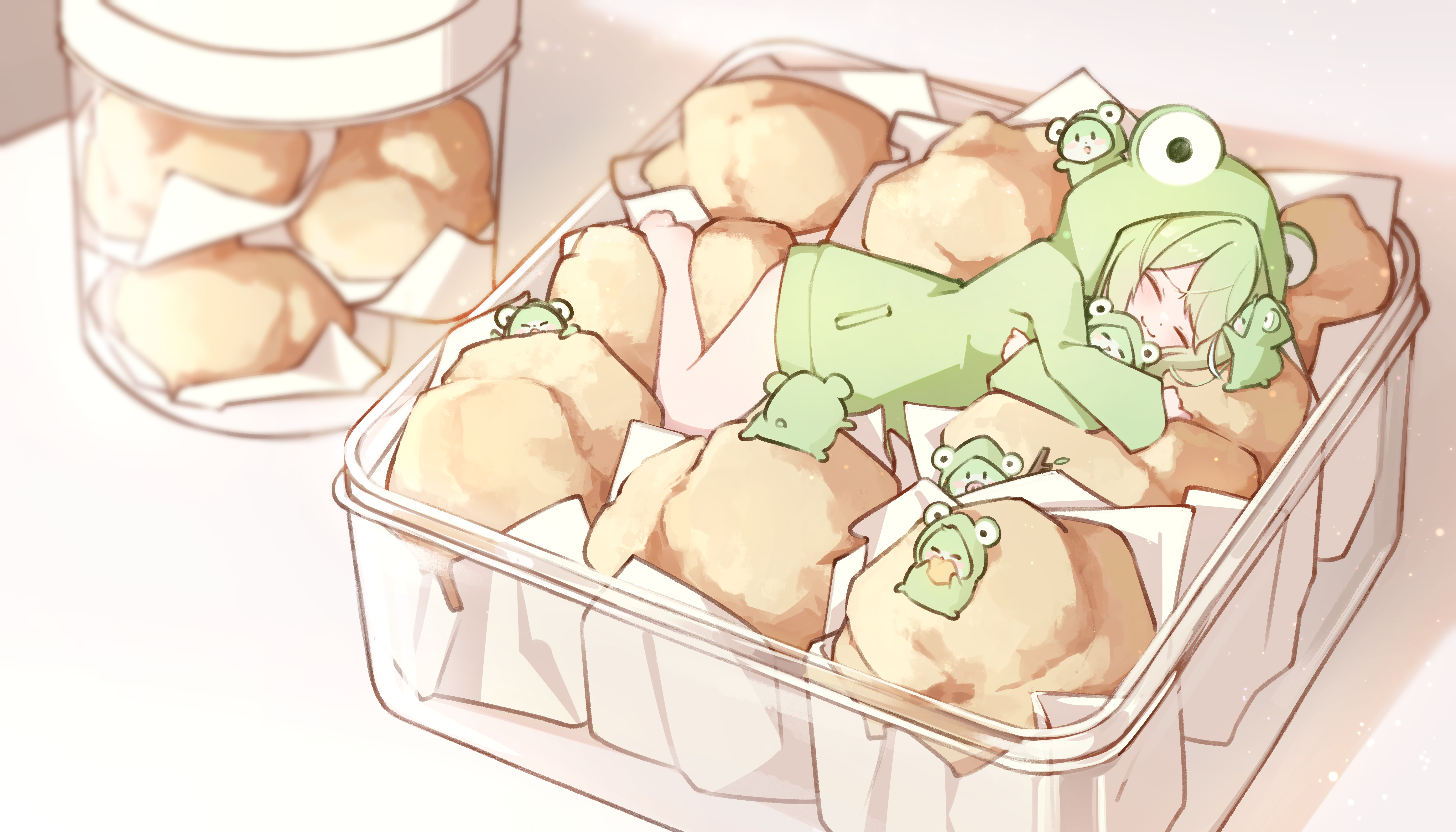 electromocha, chico (yuzuha riko), yuzuha riko, stellive, absurdres, commentary request, highres, korean commentary, 1girl, animal hood, barefoot, box, closed eyes, closed mouth, coat, cream puff, creature, dot nose, food, frog hood, full body, green coat, green hair, happy, hood, hooded coat, jar, long sleeves, lying, mini person, no pants, on side, sleeping, smile, solo, virtual youtuber