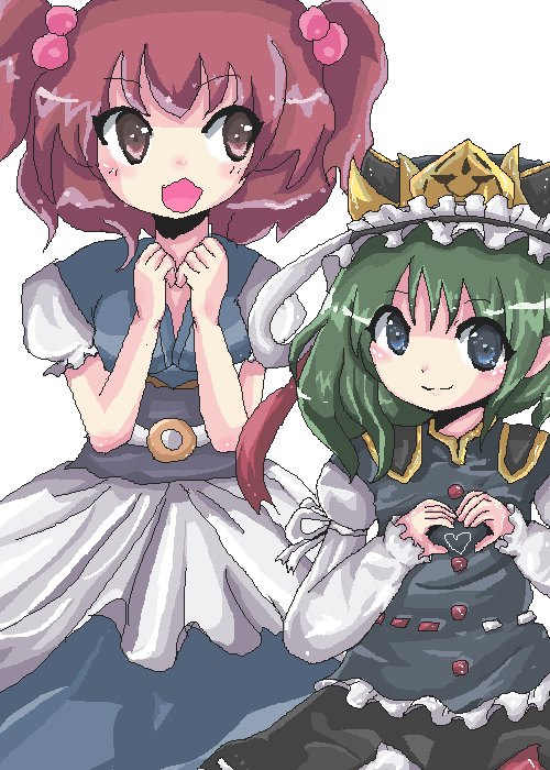 setsuna (pixiv), onozuka komachi, shiki eiki, touhou, bad id, bad pixiv id, 2girls, aged down, blue eyes, female focus, green hair, hat, heart, heart hands, multiple girls, oekaki, red eyes, red hair, short hair, twintails, two side up