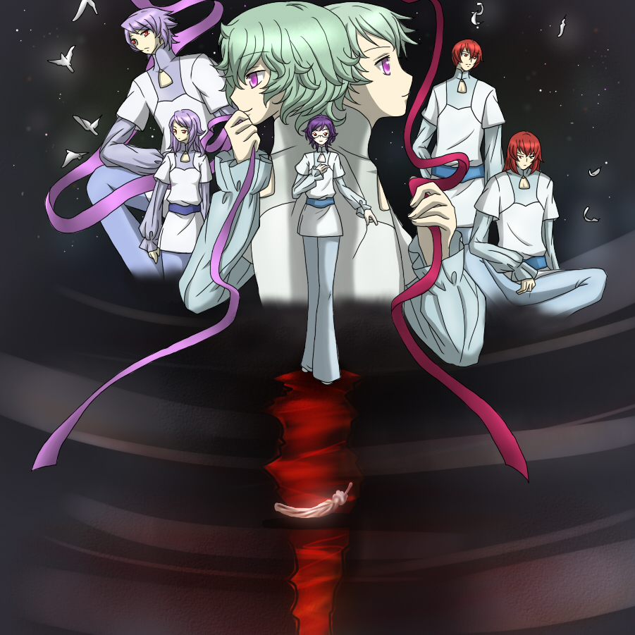 clamp, shiduru, anew returner, bring stabity, divine nova, hilling care, regene regetta, revive revival, ribbons almark, code geass, gundam, gundam 00, bad id, bad pixiv id, 2girls, 5boys, bird, feathers, green hair, innovators (gundam 00), multiple boys, multiple girls, parody, purple eyes, purple hair, red eyes, red hair, ribbon