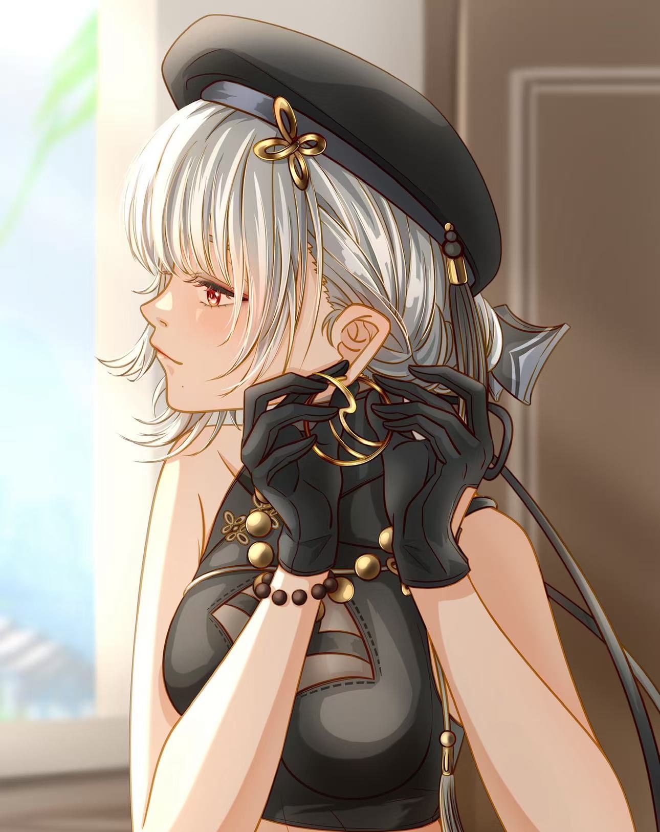 sanhua (wuthering waves), wuthering waves, chinese commentary, commentary, highres, 1girl, adjusting earrings, bare arms, bare shoulders, bead bracelet, bead necklace, beads, beret, black gloves, black hat, black skirt, blurry, blurry background, blush, bracelet, clothing cutout, collarbone, covered collarbone, crop top, earrings, from side, glove cutout, gloves, gold earrings, hair behind ear, hair bun, hat, heidianzashipu, hoop earrings, jewelry, mole, mole under mouth, necklace, profile, red eyes, shirt, skirt, sleeveless, sleeveless shirt, solo, tassel, updo, upper body, white hair, window