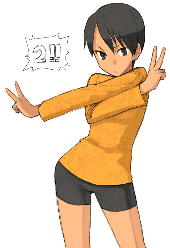 yu 65026, makidera kaede, fate/stay night, fate (series), non-web source, !, !!, 00s, 1girl, bike shorts, black eyes, black hair, contrapposto, dark-skinned female, dark skin, double v, female focus, solo, standing, v