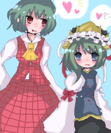 setsuna (pixiv), kazami yuuka, shiki eiki, touhou, bad id, bad pixiv id, lowres, 2girls, aged down, ascot, blue eyes, female focus, green hair, hat, heart, multiple girls, plaid clothes, plaid skirt, plaid vest, red eyes, short hair, skirt, skirt set, spoken heart, vest, yuri