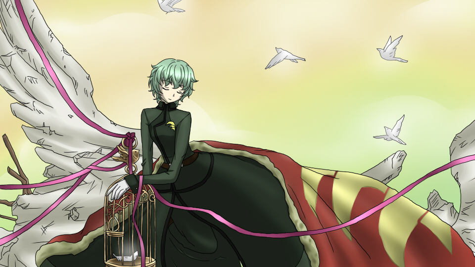 shiduru, yumi-to shizuru, hilling care, code geass, gundam, gundam 00, bad id, bad pixiv id, derivative work, 1girl, angel wings, bird, cage, closed eyes, female focus, green hair, innovators (gundam 00), parody, solo, wings