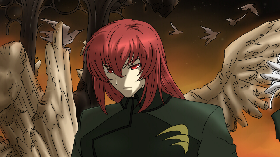 shiduru, yumi-to shizuru, bring stabity, code geass, gundam, gundam 00, bad id, bad pixiv id, 00s, 1boy, angel wings, bird, innovators (gundam 00), male focus, red eyes, red hair, solo, wings