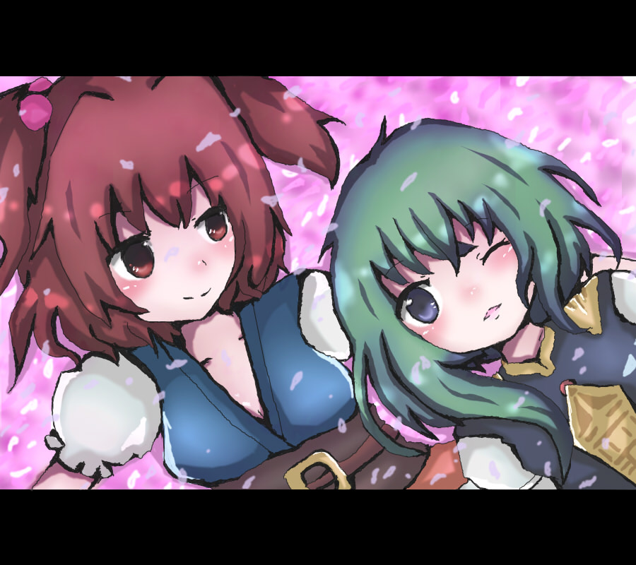 setsuna (pixiv), onozuka komachi, shiki eiki, touhou, bad id, bad pixiv id, 2girls, blue eyes, female focus, green hair, letterboxed, multiple girls, no headwear, one eye closed, red eyes, red hair, rod of remorse, short hair, wink