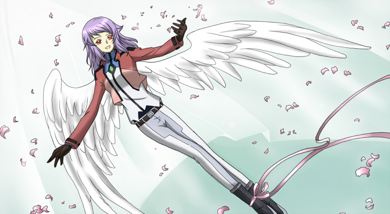 shiduru, yumi-to shizuru, anew returner, code geass, gundam, gundam 00, bad id, bad pixiv id, derivative work, 1girl, angel wings, blossom, feathers, female focus, innovators (gundam 00), parody, petals, purple hair, red eyes, ribbon, solo, wings