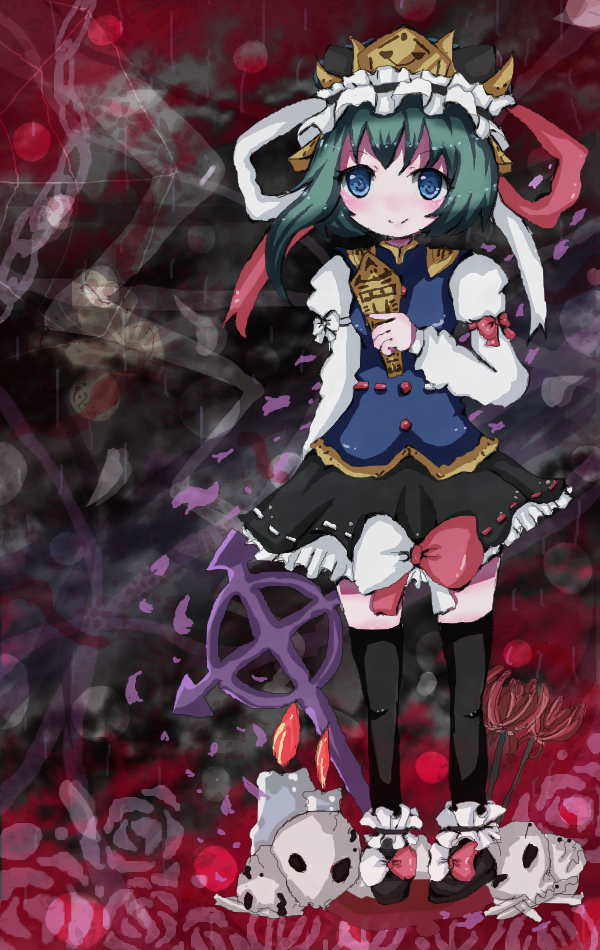 setsuna (pixiv), shiki eiki, touhou, bad id, bad pixiv id, 1girl, black thighhighs, blue eyes, candle, cross, female focus, full body, green hair, hat, ribbon, rod of remorse, short hair, skull, solo, standing, thighhighs