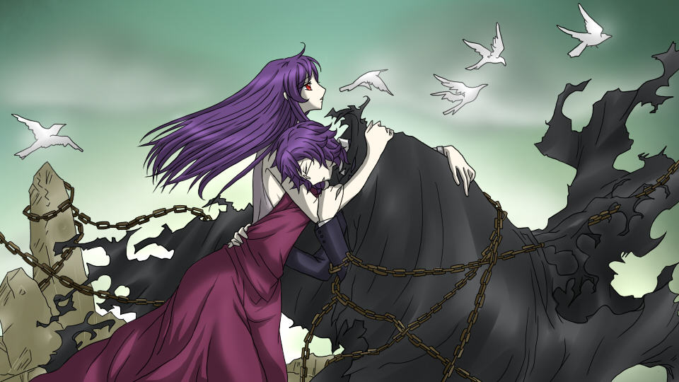 clamp, shiduru, regene regetta, tieria erde, code geass, gundam, gundam 00, bad id, bad pixiv id, derivative work, 2boys, bird, chain, crossdressing, crossdressing (mtf), dress, innovators (gundam 00), long hair, multiple boys, parody, trap