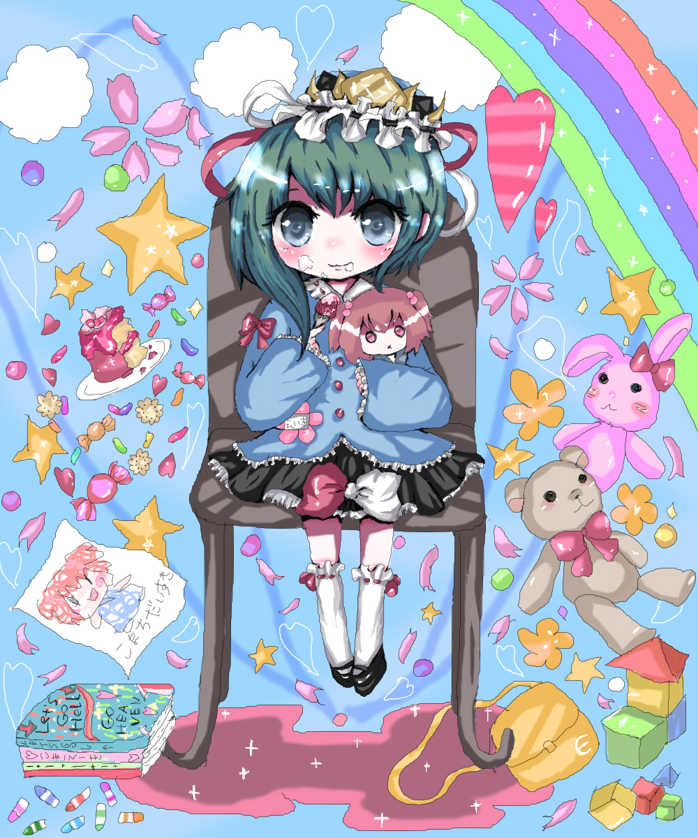 setsuna (pixiv), onozuka komachi, shiki eiki, touhou, bad id, bad pixiv id, highres, 1girl, aged down, alternate costume, book, cake, chair, character doll, doll, eating, english text, engrish text, female focus, food, fruit, full body, green hair, hat, heart, kindergarten, kindergarten uniform, looking at viewer, pastry, rabbit, rainbow, ranguage, ribbon, school uniform, short hair, sitting, solo, star (symbol), strawberry, stuffed animal, stuffed toy, sweets, teddy bear, x mouth